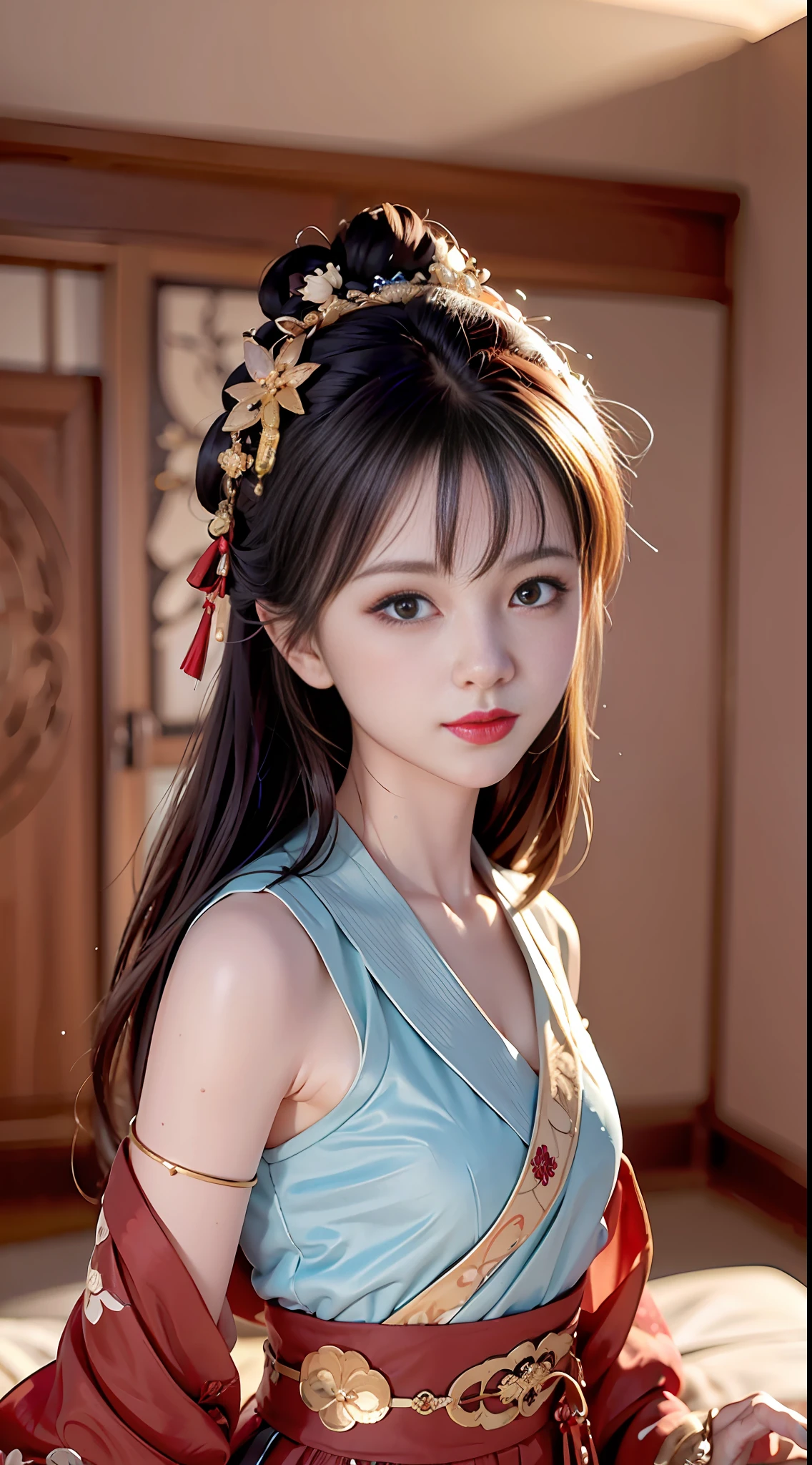 JK Maiden，A girl wearing a Japanese girls' school uniform，8K，Extremely high image quality，Cinematic film texture，photorealestic，Eating Japanese food，Nikkei background，deep of field，tatami room，Warm lighting，Bow on chest，Qi bangs，Long hair that falls over the shoulder，(Playful eyes)，Double eyelid，Deepening of the tail of the eyes，Lying silkworm，Wear a bracelet on your wrist，Scarlet lips，The lips are shiny and textured，Fine skin texture，Brown sparkling pupils，((((Keep your eyes on the camera))))，Slender fingers，((Round face))，(((Small lips)))，Black halterneck hanfu，small head