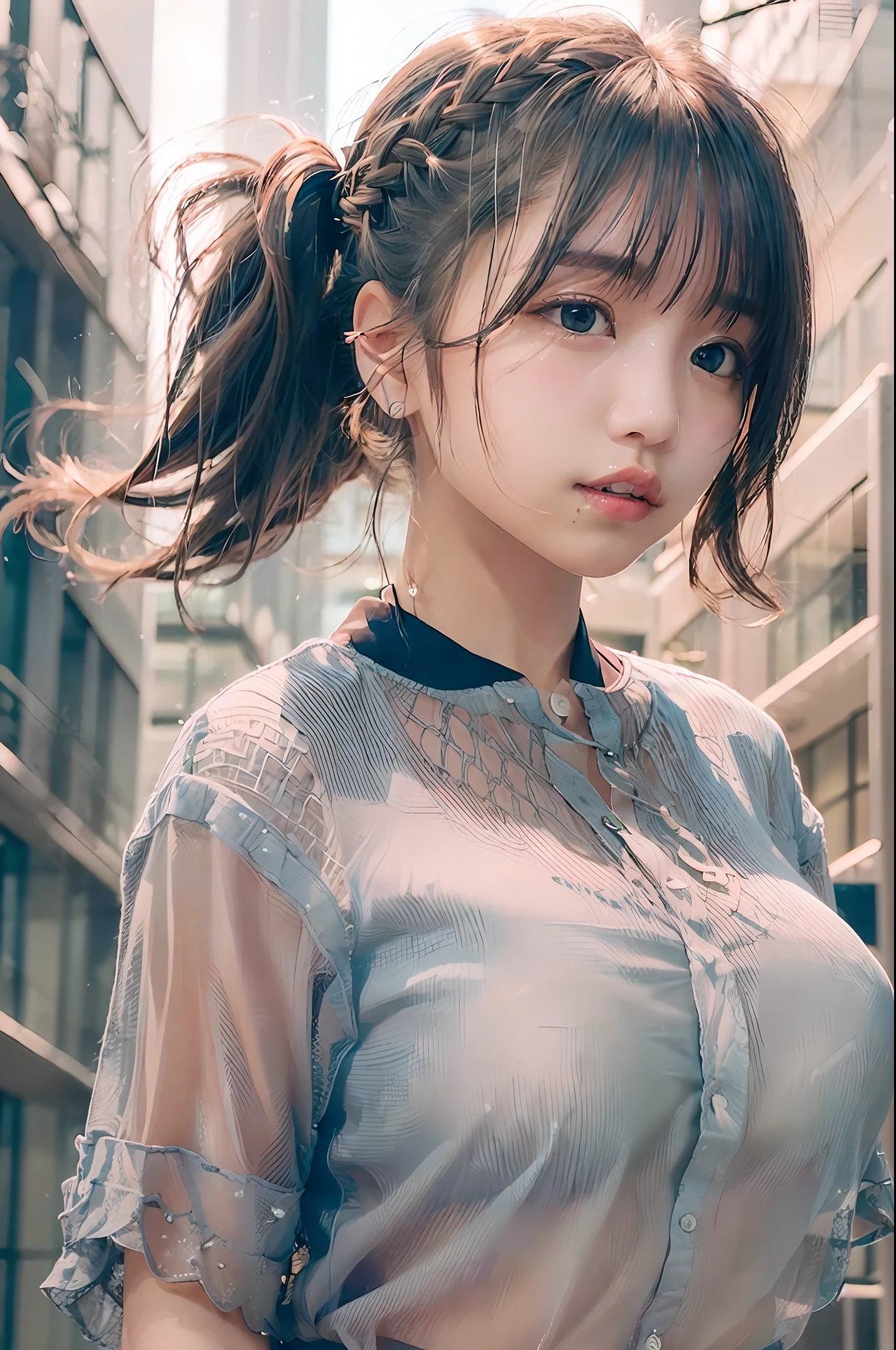 A masterpie、best qualiy, 1girls, (Skindentation), {{Too huge breasts!!}}, (days), well lit, blured background, (Street:0.6), (Braided bangs, hair wavy:1.5), (see-through shirts:1.8), gorgeou, (Floating hair:1.2), (dinamic pose:1.8), Soft lighting,