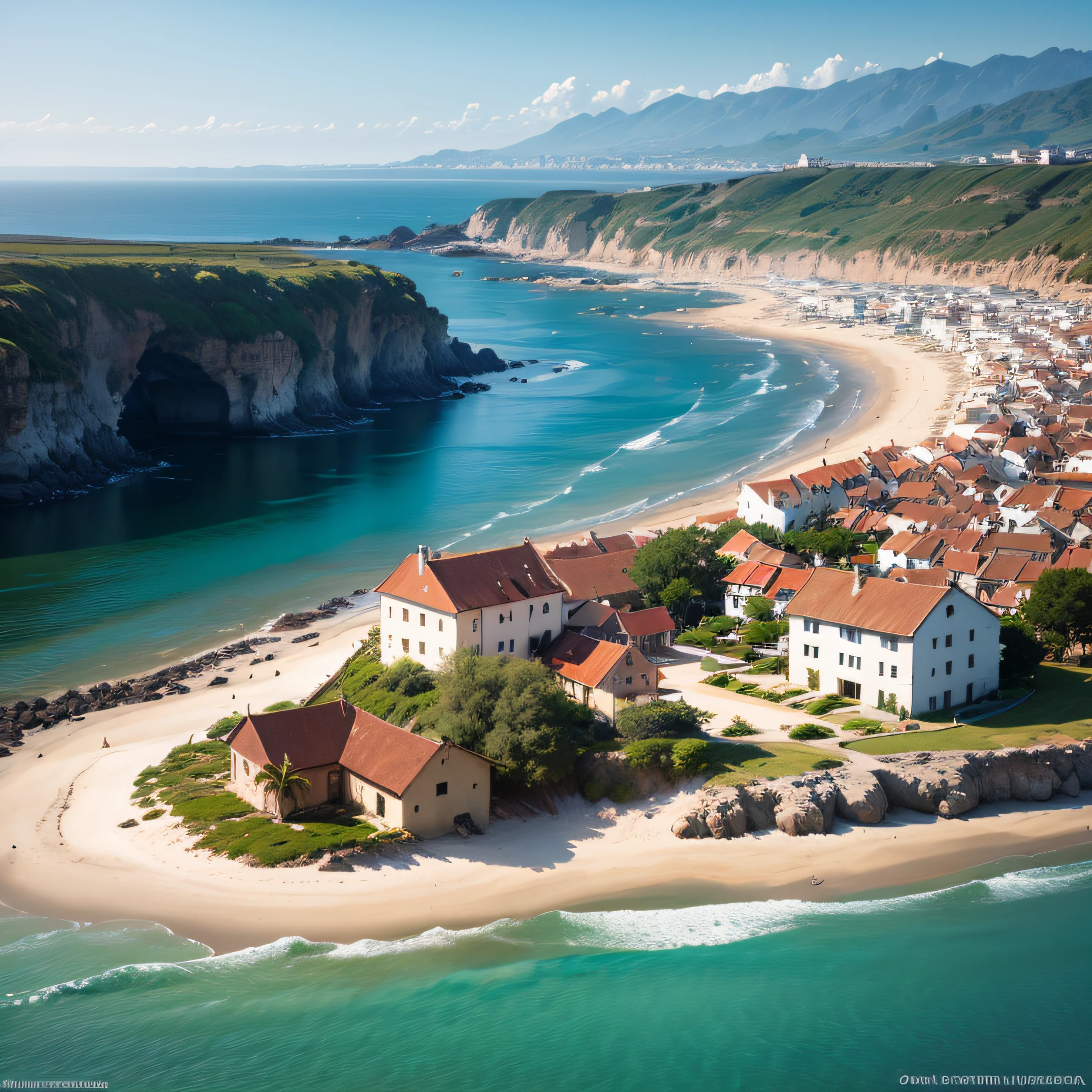Paisaje hiperrealista de pueblo costero a orillas del Mar Mediterraneo al atardecer --auto
