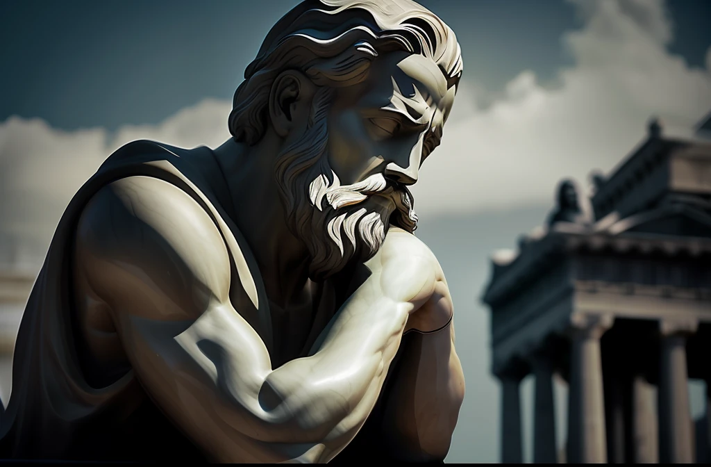 arafed statue of a man with a beard and a beard sitting on a ledge, philosopher, pensador, Estoicismo, divino e estoico, O Pensador, an ancient greek statue, Pose estoica, Marble statues, atencioso ), philosophical, escultura realista de 8k bernini, pensativo, Pose de pensador, Stoic attitude, some marble statues can be seen