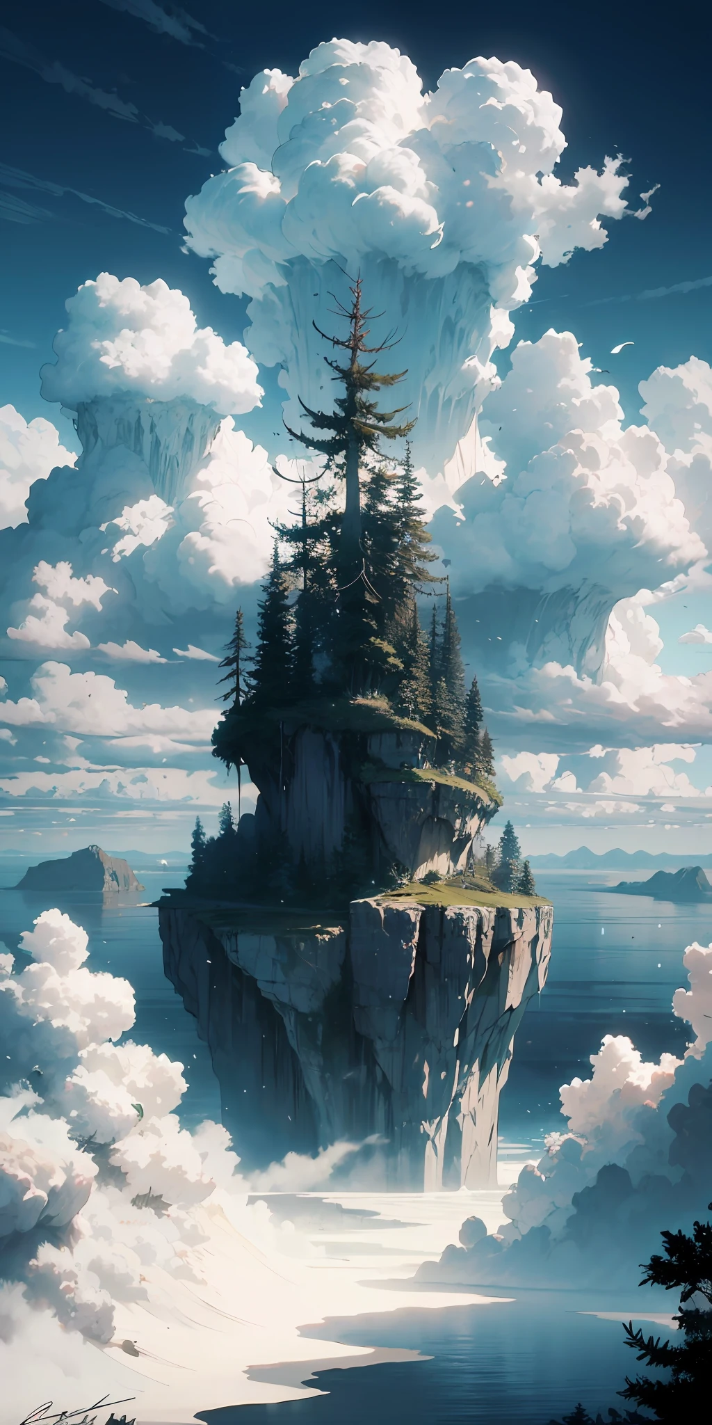 (an epic and breathtaking island landscape),(majestic forest in island),(a surreal floating island),(fluffy clouds),(calm water),masterpiece, best quality, ultra-detailed, (best aesthetics, highest contrast and resolution),dynamic and intricate details, high resolution, 8K wallpaper