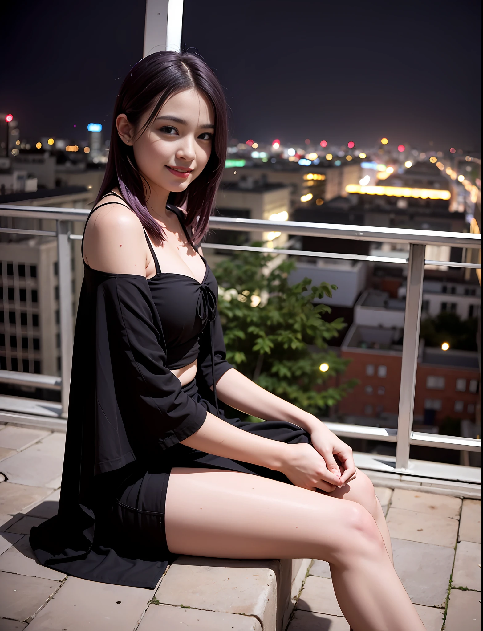 Slim body, Shallow depth of field, (High detailed skin:1.2), 8k UHD, DSLR, HIGH quality, Film Grain, 20mp, Fujifilm XT3, 80mm, Hasselblad, Raw photo, teen girl having dinner in a rooftop, city lights background, Smiling, ((Purple hair)), Black Cape, sitting

Steps: 30, Size: 672x872, seed: 9