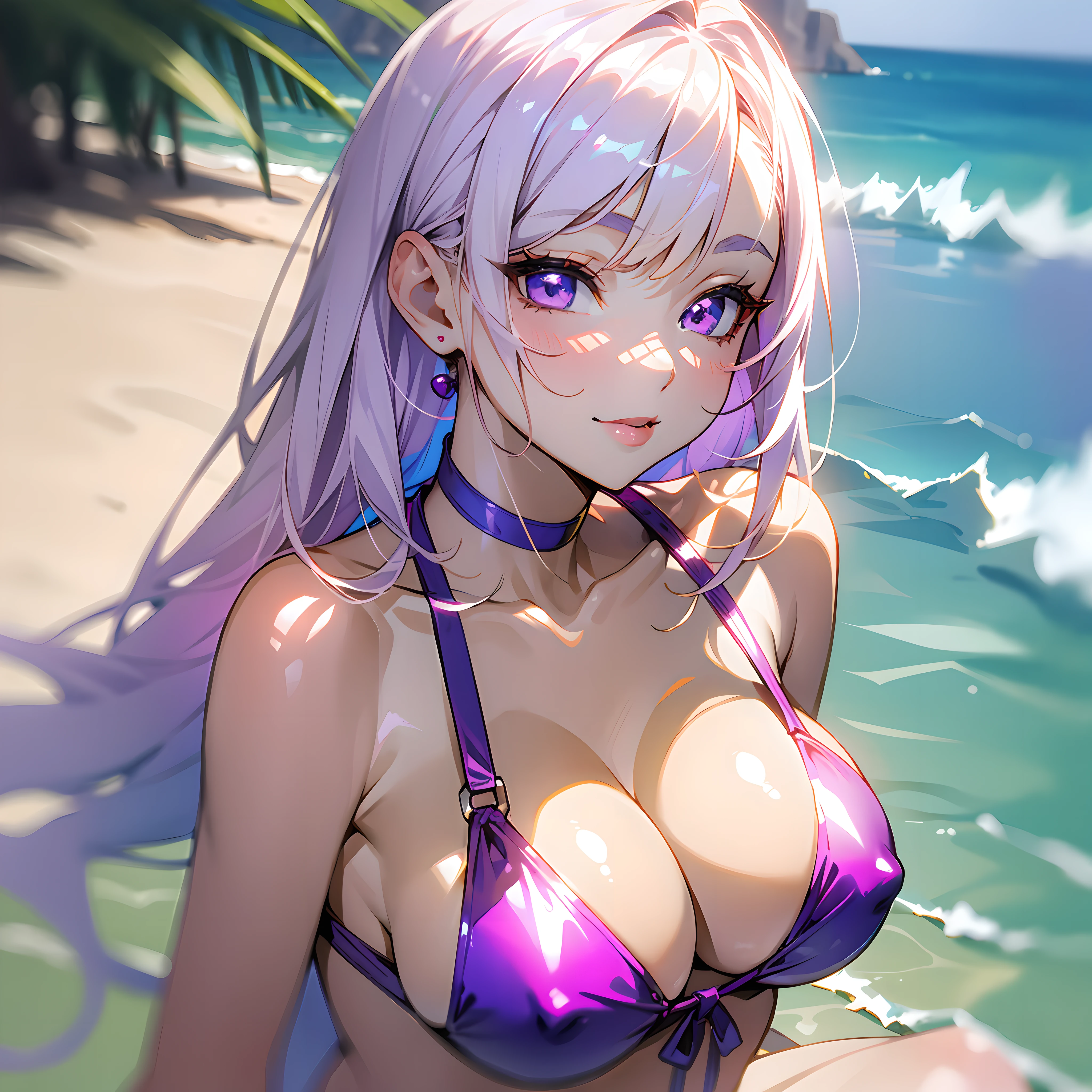 realistic, selfie, 1girl, white hair, purple eyes, parted lips, blush, makeup, light smile, bikini, beach, light rays, glow, thighs, collarbone, narrow waist, (masterpiece), wallpaper,