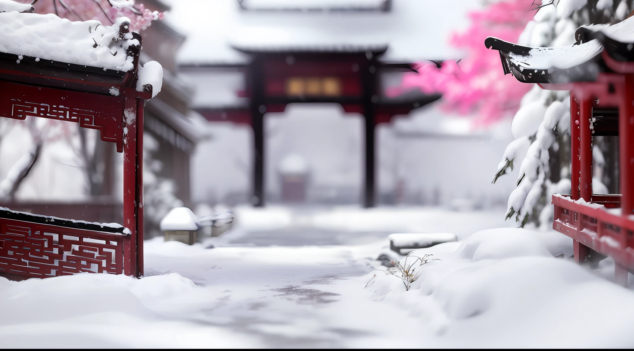 Red Chinese style building，Plum Blossoms， covered with snow, snowy environment, Winter in the snow, beautiful wallpaper, Snow, Snowy winter, Chinese style, outside in snow snowing, nevando, snow scene, high detaild, high detaild, snowy background, high detail photograph, a close up shot, detailed scenic view