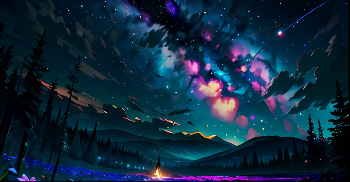 Expansive landscape photograph, (view from below with a view of the sky and the wilderness below), little girl standing in a flower field looking up, (full moon: 1.2), (shooting star: 0.9), (nebula: 1.3), distant mountain, tree break production art, (warm light source: 1.2), (firefly: 1.2), lamp, purple and orange, intricate detail, volume lighting BREAK (masterpiece: 1.2), (highest quality ), 4k, ultra-detailed, (dynamic configuration: 1.4), highly detailed and colorful details (iridescent: 1.2), (sparkling lighting, atmospheric lighting), dreamy, magical, (solo: 1.2)