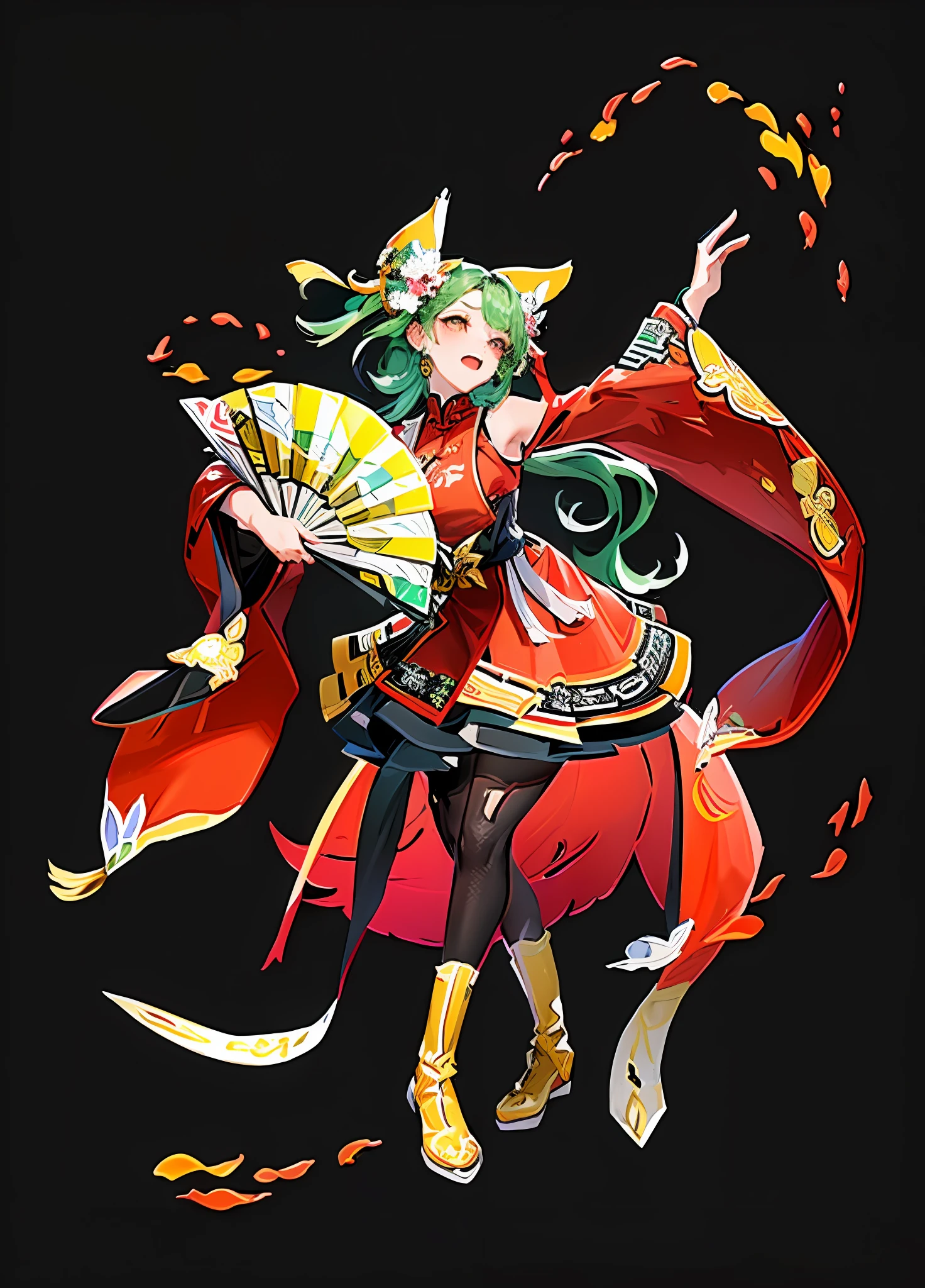 Beautiful girl dancing with a fan,james gurney,Art station rendering,high detiel,Chinese-style clothing,Chinese style pattern,Orange-red skirt,Green hair,Black boots,Gold metal edges,Gold pattern,Long sleeves,short miko skirt