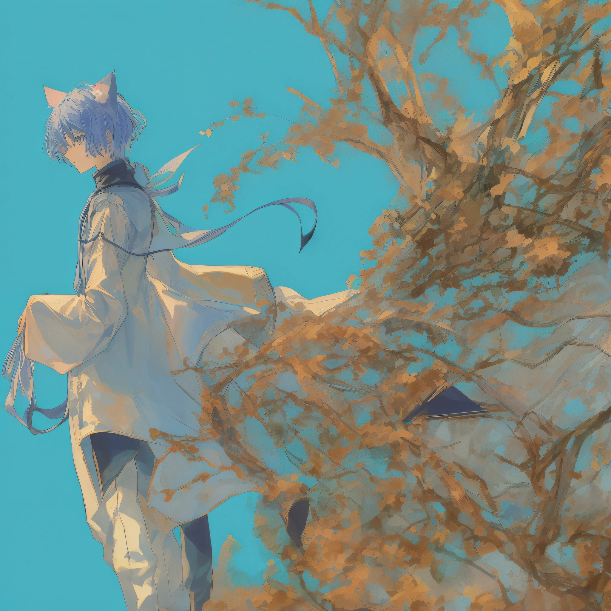 high detaild，natural day light，Light blue background，style of anime，Has blue hair，Two cat ears，A cat's tail，Very lovely，Cat man in wide white clothes，Very scared，standing alone