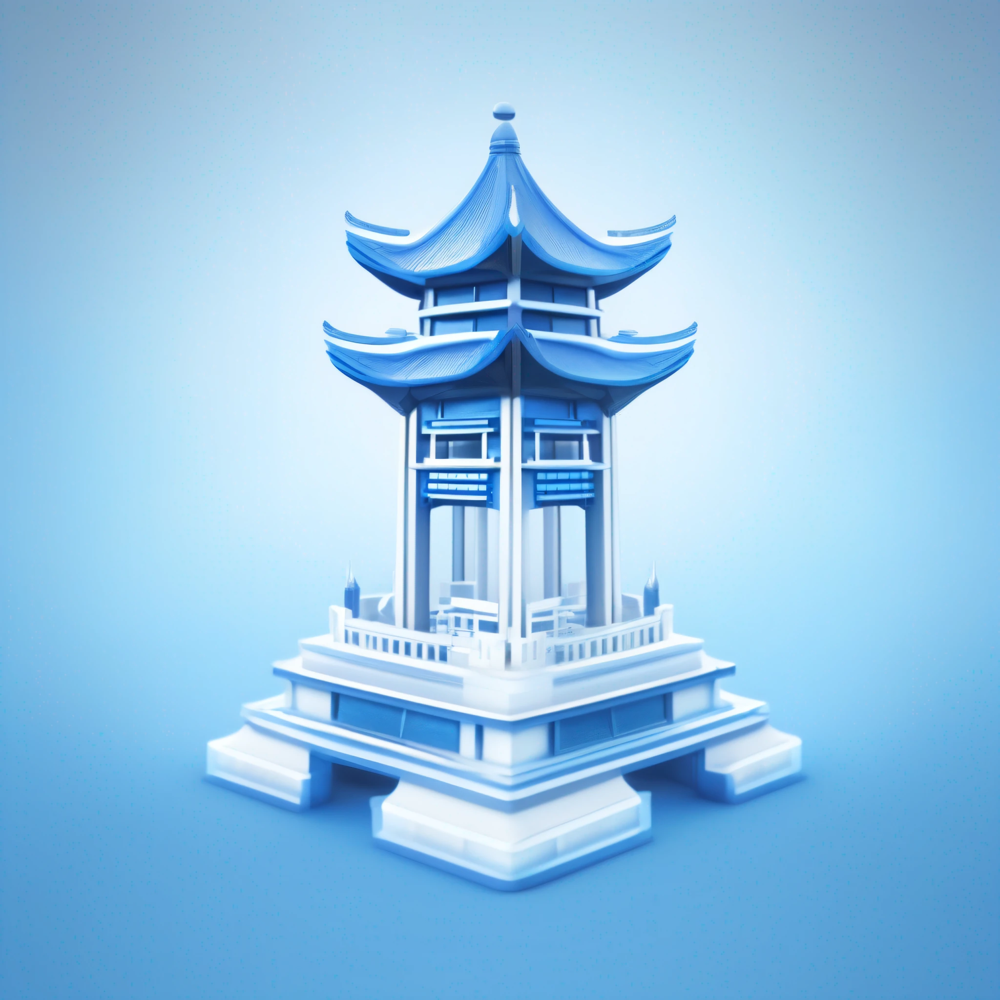 Tech style, Ultra HDR, Chinese bell tower icon with frosted glass transparent texture, blue, white background,C4D rendering,