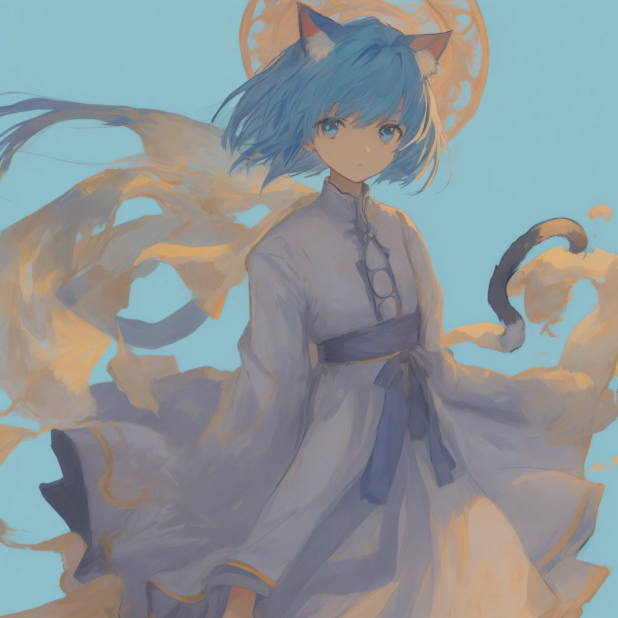 high detaild,natural day light,Light blue background,style of anime,Has blue hair,Two cat ears,A cat's tail,Very lovely,Cat man in wide white clothes,Very scared,standing alone