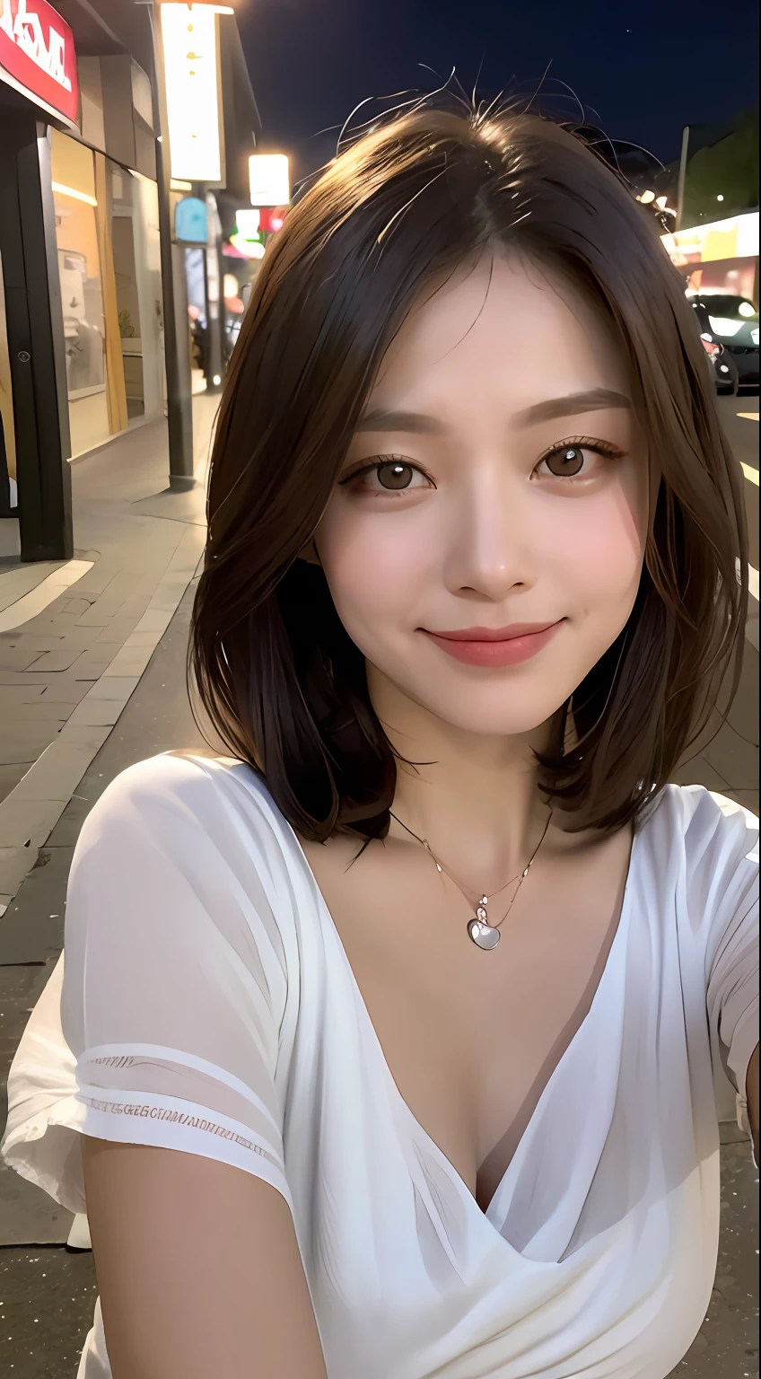 ((best qualiy、The Masterpiece:1.3))、sharpening Focus:1.2、(Realstic、photorealestic:1.37)、Perfect beautiful woman、Highly detailed facial and skin texture、Detailed eyes and double eyelids、Small smile、Shortcut Hair、Smaller bust、Small necklace、Light-colored cotton summer dress、Street at night、traffic jam、