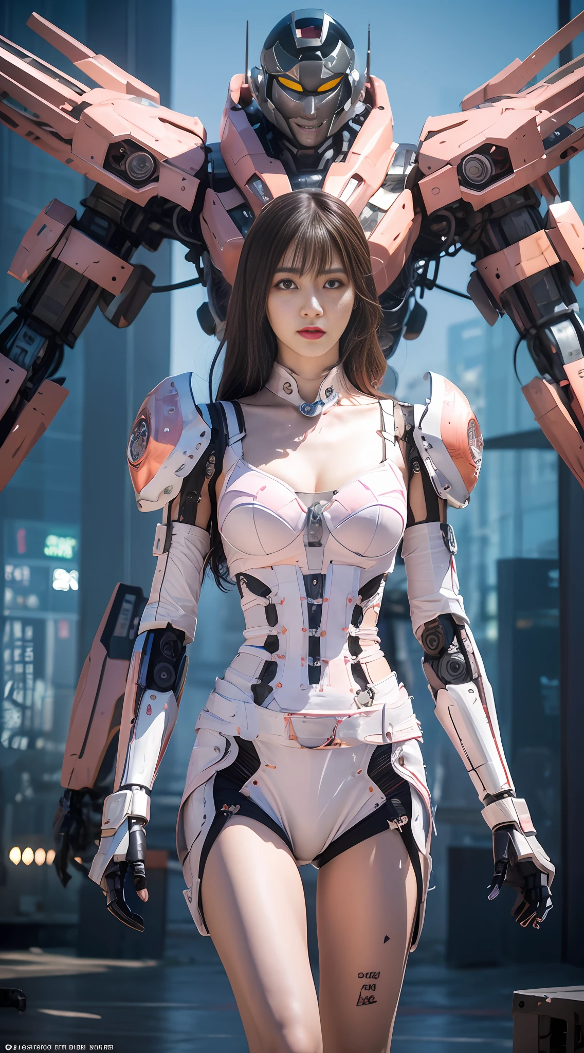 Complex 3d rendering very detailed beautiful ceramic silhouette female robot face, behind stands a huge cherry blossom pink mech warrior, robot parts, 150mm, futuristic battlefield, edge light, vibrant details, luxurious cyberpunk, lace, surrealism, anatomy, facial muscles, cable wires, microchips, elegant, beautiful background, octane rendering, HR Giger style, 8k, best quality, masterpiece, illustration, very refined and beautiful, very detailed, CG, unified, wallpaper, (realism, fidelity: 1.37), amazing, fine details, masterpiece, best quality, official art, very detailed CG unified 8k wallpaper, robot, full body, the overall painting style is very domineering,