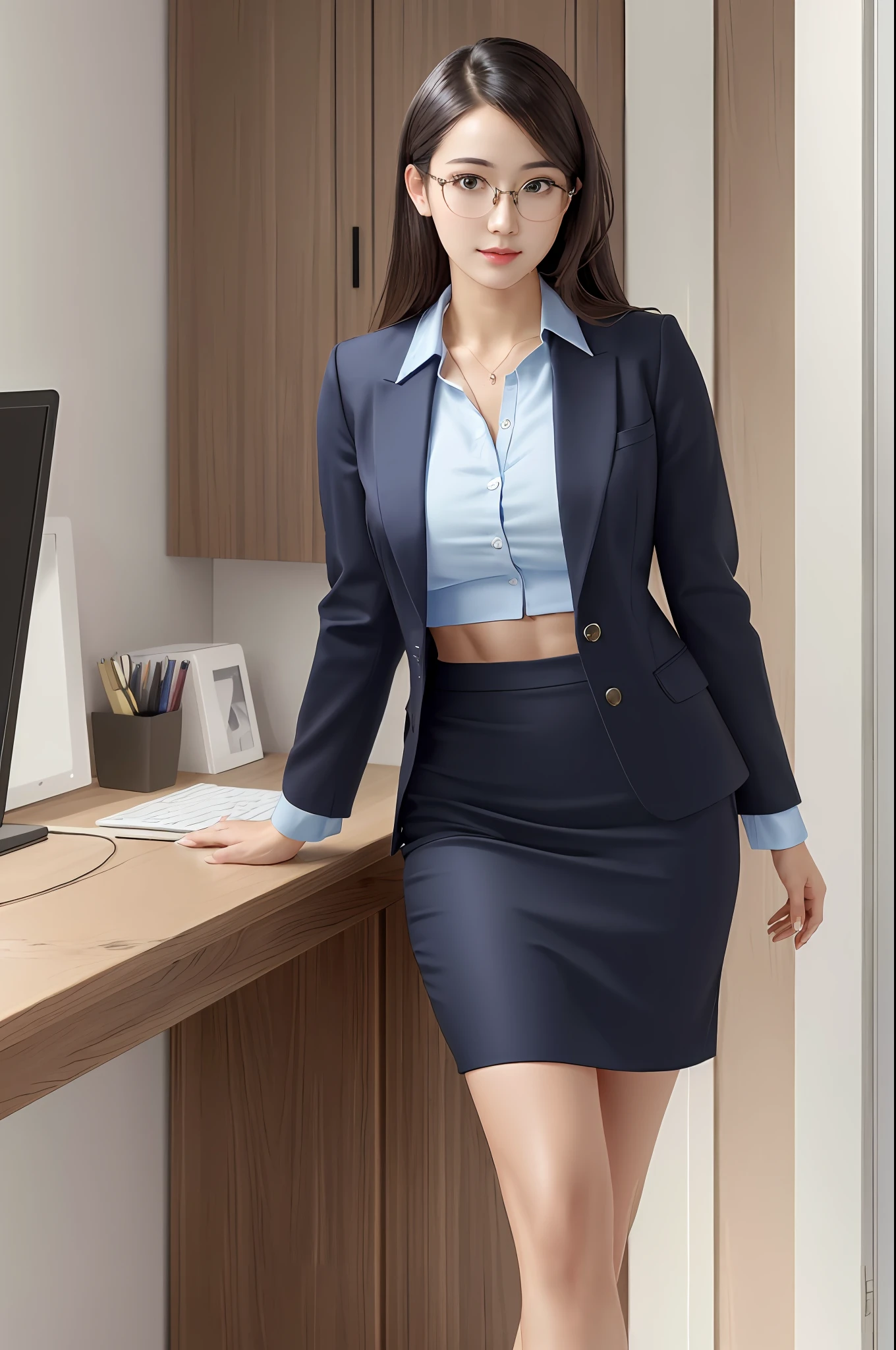 absurdres, 1girl, star eye, blush, (realistic:1.5), (masterpiece, Extremely detailed CG unity 8k wallpaper, best quality, highres:1.2), (ultra_detailed, UHD:1.2), (pixiv:1.3), perfectlighting, distinct, (bishoujo:1.2), looking at viewer, unreal engine, sidelighting, Perfect face, A detailed face, beautifull eyes, Nice face, (Brightens skin:1.3), idol, (abs), ulzzang-6500-v1.1,Soft smile,Wear secretarial outfits:Dressed in the style of office secretaries,Kit included、Elements such as high heels and glasses。