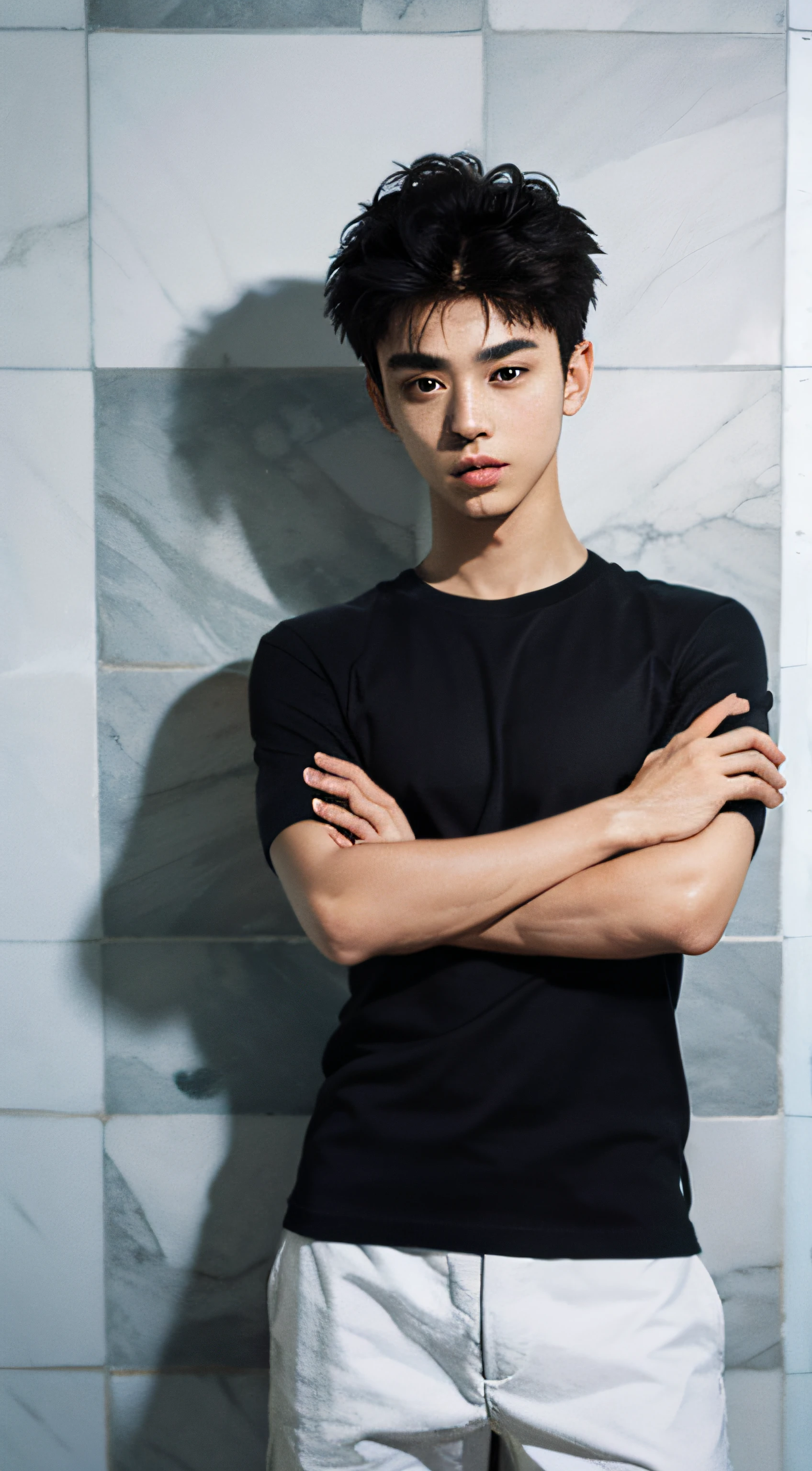 best qualiy, A masterpie, ultra-highres, (Realstic: 1.4), Original photo, wall paper, Head Photo, The skin, simple back ground, Black eye, full details, 1 boys, 13 years old, a handsome, White T-shirt,Put your whole face in your upper body