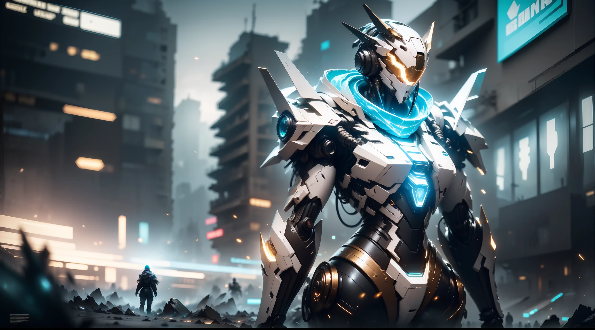 My Mecha and I，2 people apart，Back-to-back combat stance，Beautiful cyberpunk woman with her mech in the ruins of the city of the forgotten war，Pictorial composition，Lifelike，metallic shine，glint，bioluminiscent，galactic cybernetic mask，Mecha Wars，Brutal battlefield，The Masterpiece，Scarf，Glowing cloak，SH4G0D，Cinematic Lights，Dark gold，glossy white，arma，octane rendered，multi-layer texture，backgrounds，high-contrast，illusory 5，Very detailed details，Two-tone illumination，Low ISO，White balance，8K raw data，Efficient sub-pixel，sub-pixel convolution，Luminescent Particles，Light scattering，tyndalleffect。