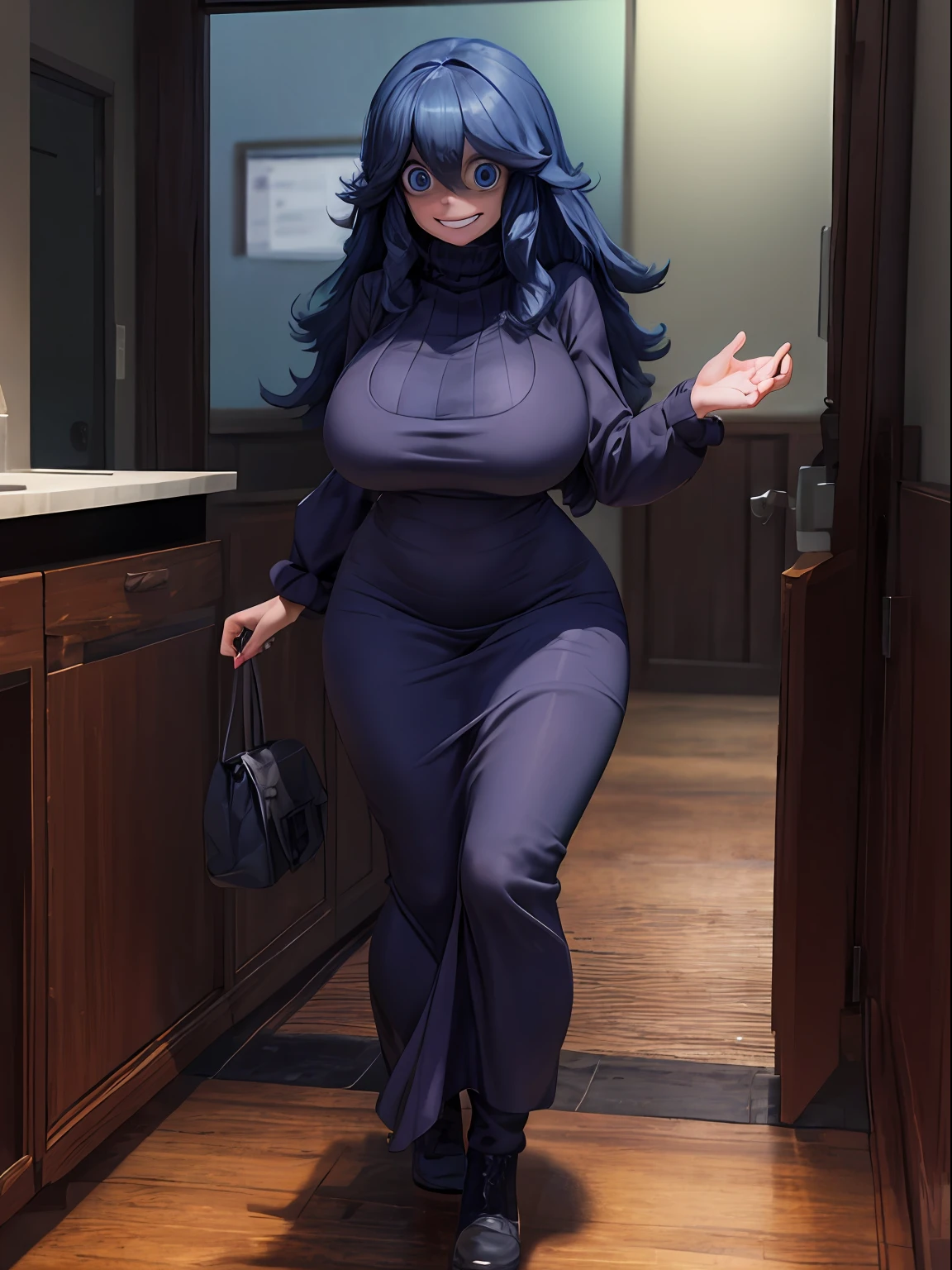 ((masterpiece:1.2)), best quality, ((extreme detail)), (official art), (ultra-detailed), anime screencap, extremely, detailed, (CG), 3d, unity model, 8k, wallpaper, hex maniac, hex maniac(pokemon), 1girl, solo, lying, hands on own chest, (full body view), (huge breasts), wide hips, (long sleeved turtleneck sweater dress), purple clothes, taut dress, embarrassed, smile, purple eyes, cowboy shot, crazy eyes, (shaded_face:1.3), anime, bursting breasts, wrinkles in clothes, sweat,