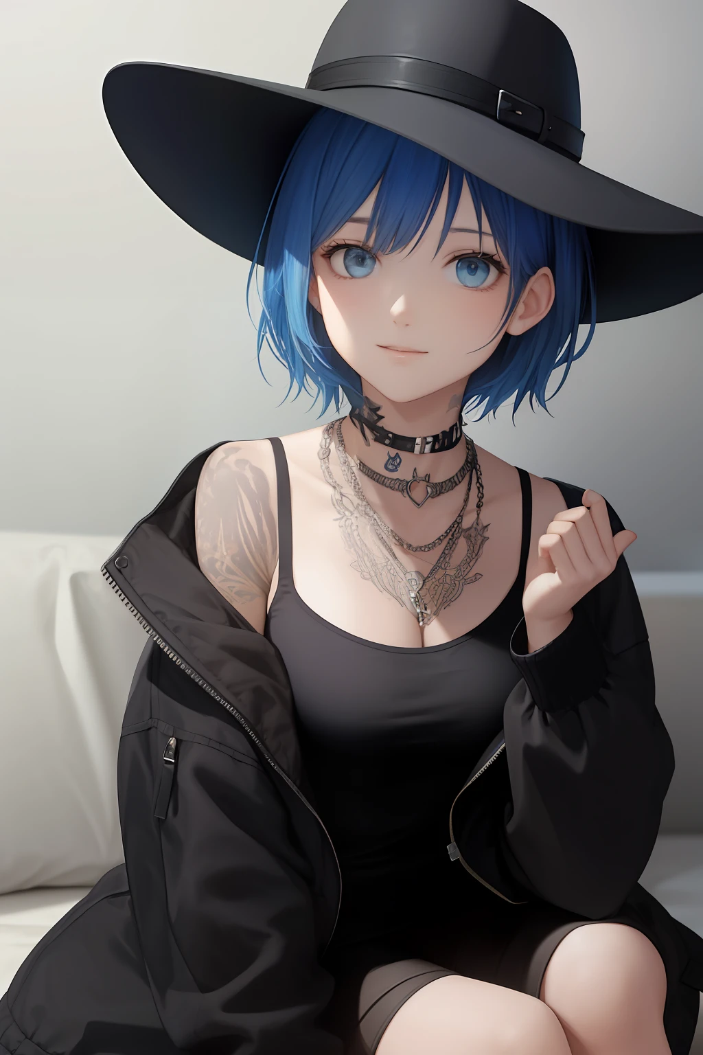a young woman with short blue hair and a black hat, wearing a black jacket, with tattoos
