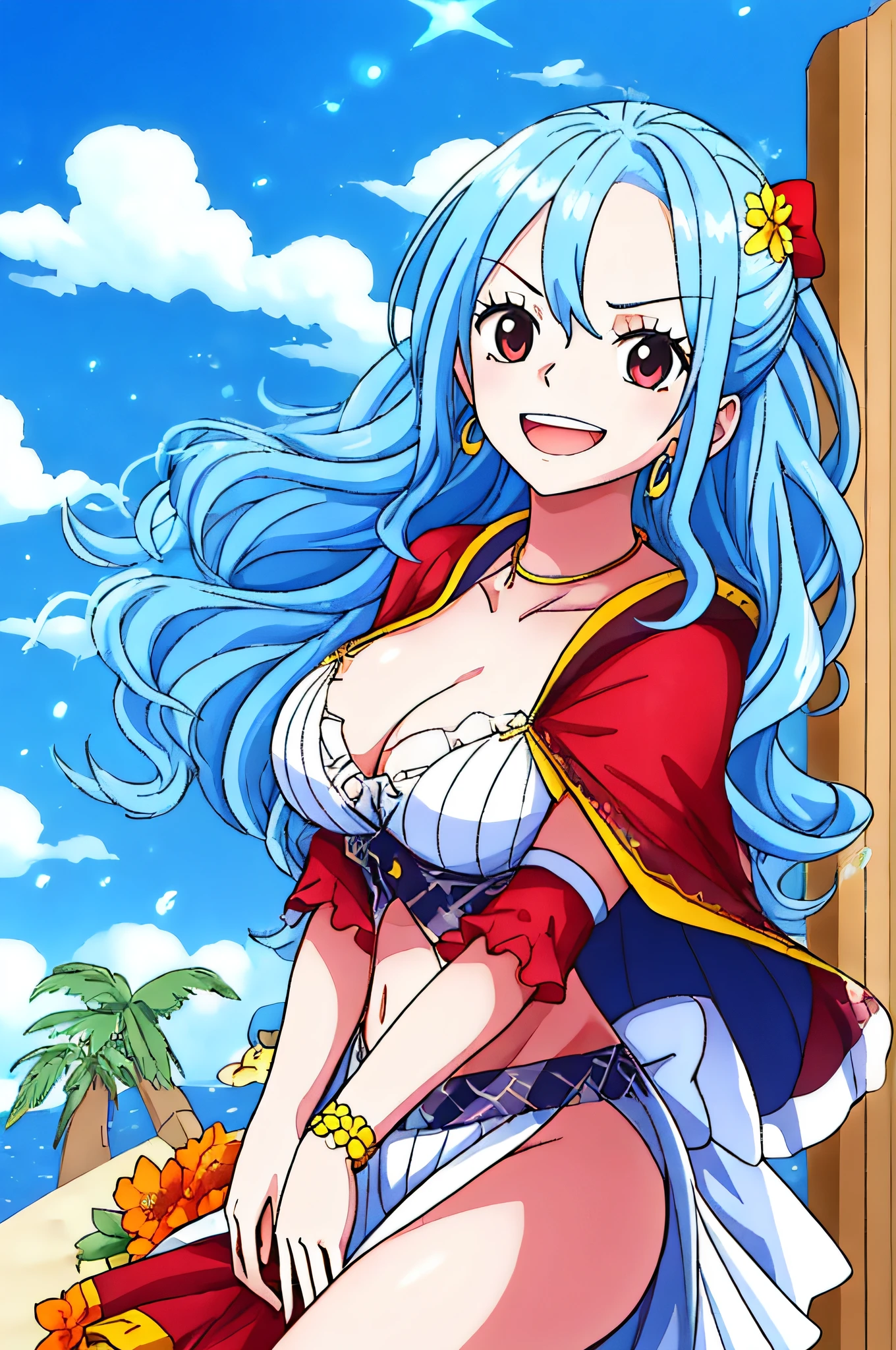 1girl, smile, close up, castel, blue hair,  pectoral focus,frown,flower trim,undressing,pinstripe pattern.bow-shaped hair,dutch angle,hands between legs,