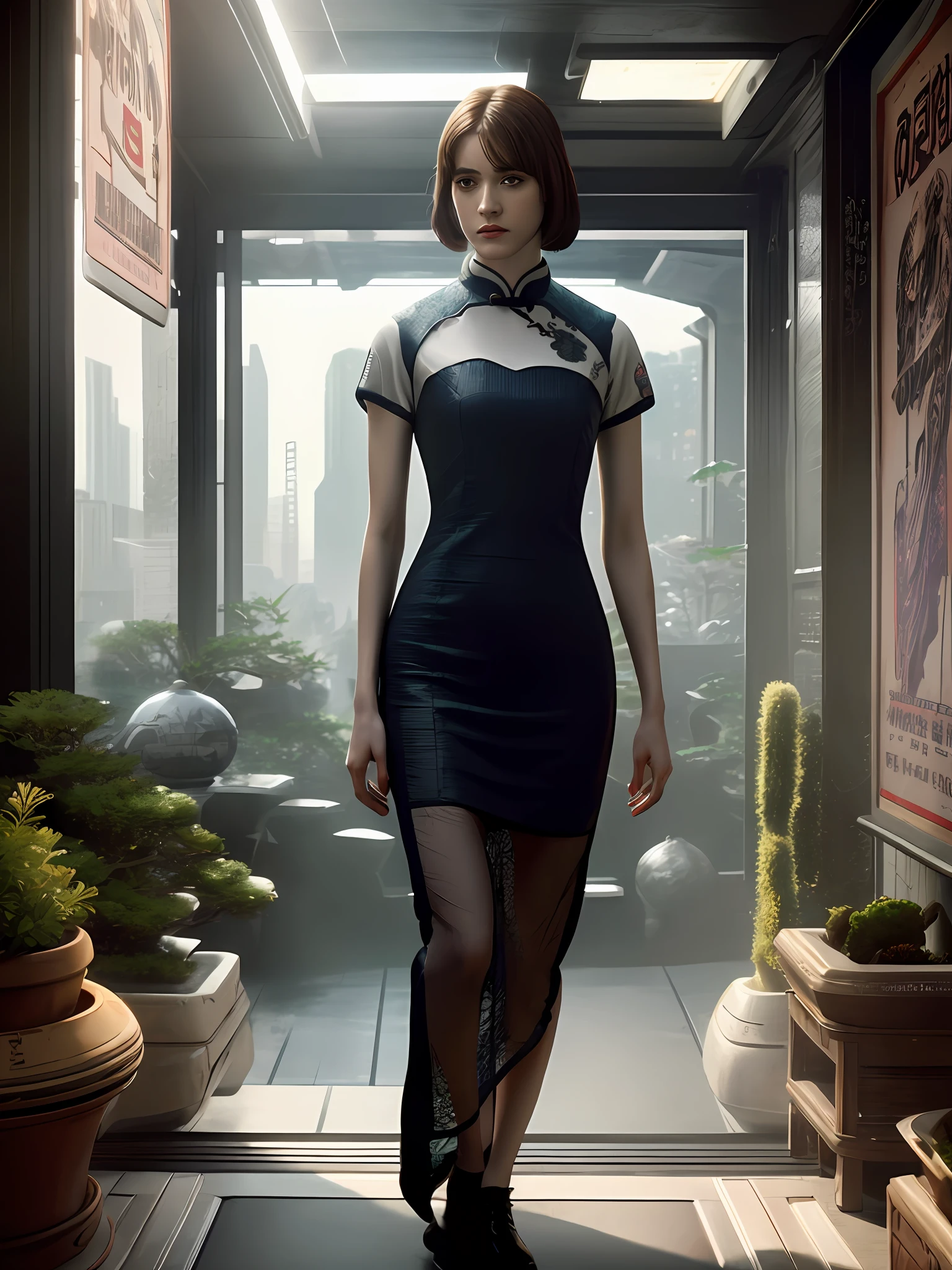 Mackenzie Davis from Blade Runner 2049, sits on a chair, (high-tech interior style and futurism), (poster:1.2), poster on wall, movie poster, (portrait), ((chinise qipao dress)), ((digital artifacts)), 
( japanese rock garden and pond, bonsai), (movie poster),
((ultradetaled skin texture)), intricately detailed, fine details, hyperdetailed, raytracing, subsurface scattering, diffused soft lighting, shallow depth of field, by Oliver Wetter
rending on CGSociety, Intricate, High Detail, Sharp focus, dramatic, photorealistic painting art by ((greg rutkowski))