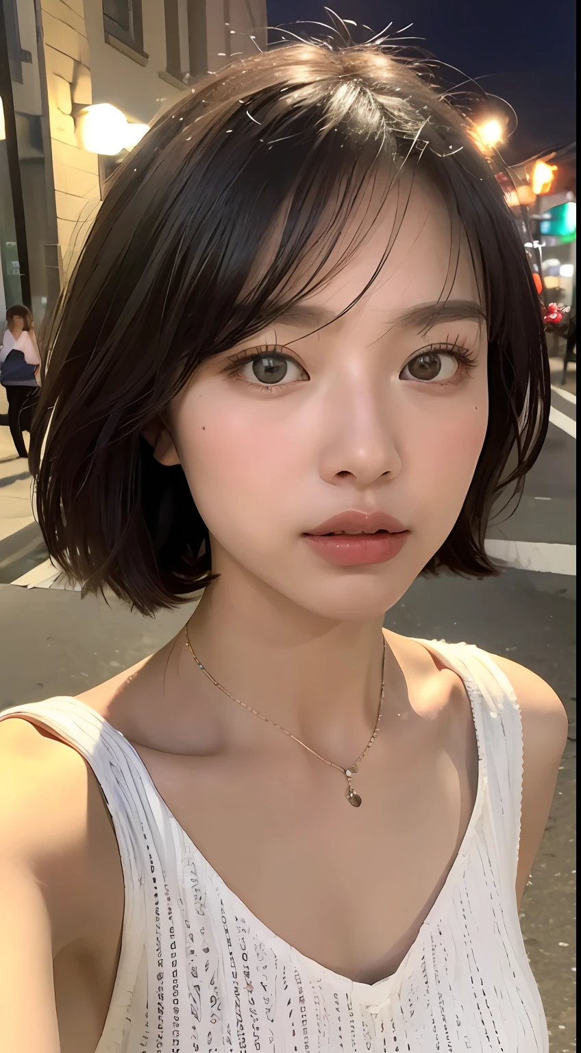 ((best qualiy、The Masterpiece:1.3))、sharpening Focus:1.2、(Realstic、photorealestic:1.37)、Perfect beautiful woman、Highly detailed facial and skin texture、detailed eye、Double eyelidd、Shortcut Hair、Smaller bust、Small necklace、Light-colored cotton summer dress、Street at night、traffic jam、