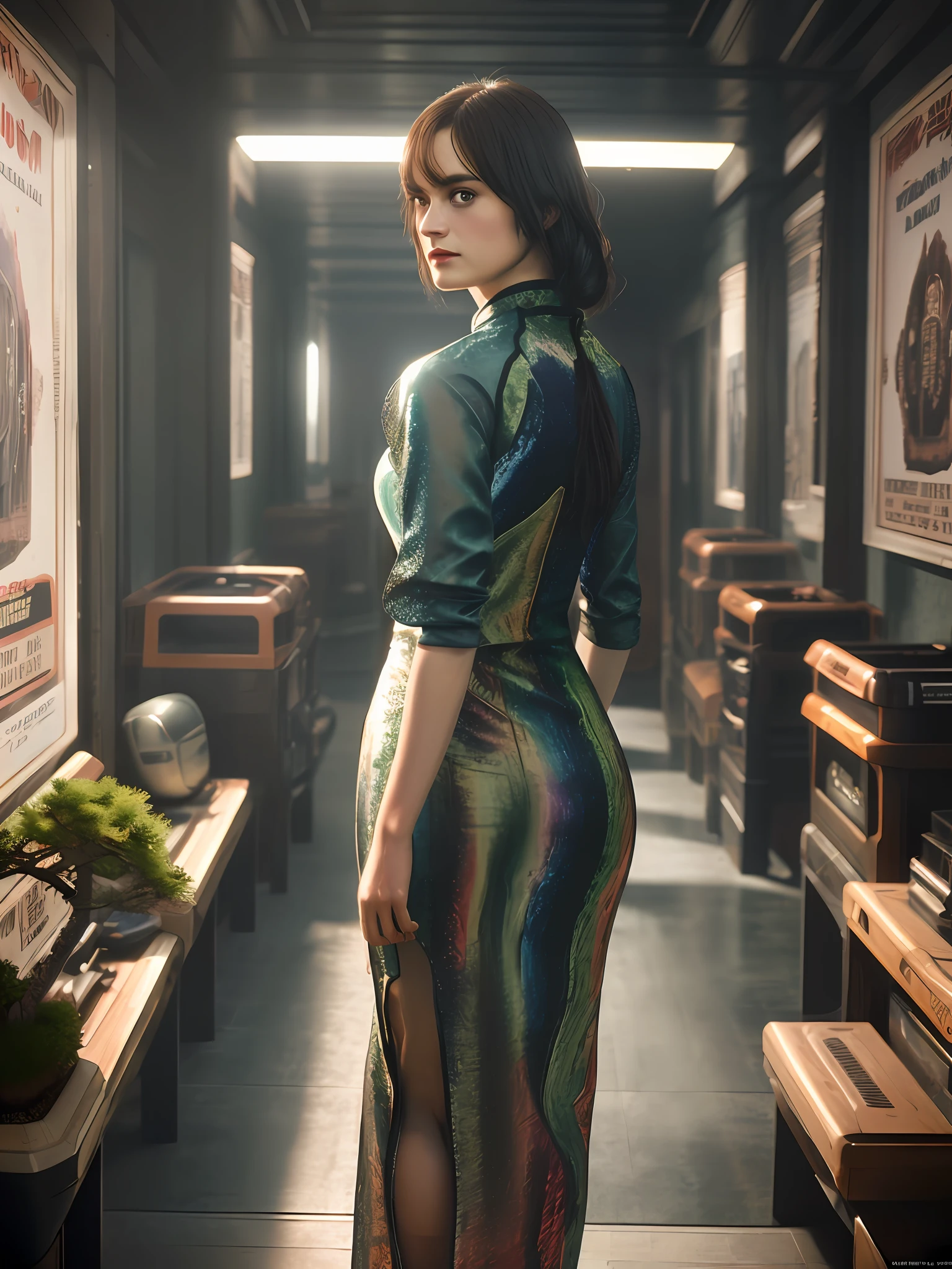 Mackenzie Davis from Blade Runner 2049, sits on a chair, (high-tech interior style and futurism), (poster:1.2), poster on wall, movie poster, (portrait), ((chinise qipao dress)), ((digital artifacts)), 
( japanese rock garden and pond, bonsai), (movie poster),
((ultradetaled skin texture)), intricately detailed, fine details, hyperdetailed, raytracing, subsurface scattering, diffused soft lighting, shallow depth of field, by Oliver Wetter
rending on CGSociety, Intricate, High Detail, Sharp focus, dramatic, photorealistic painting art by ((greg rutkowski))