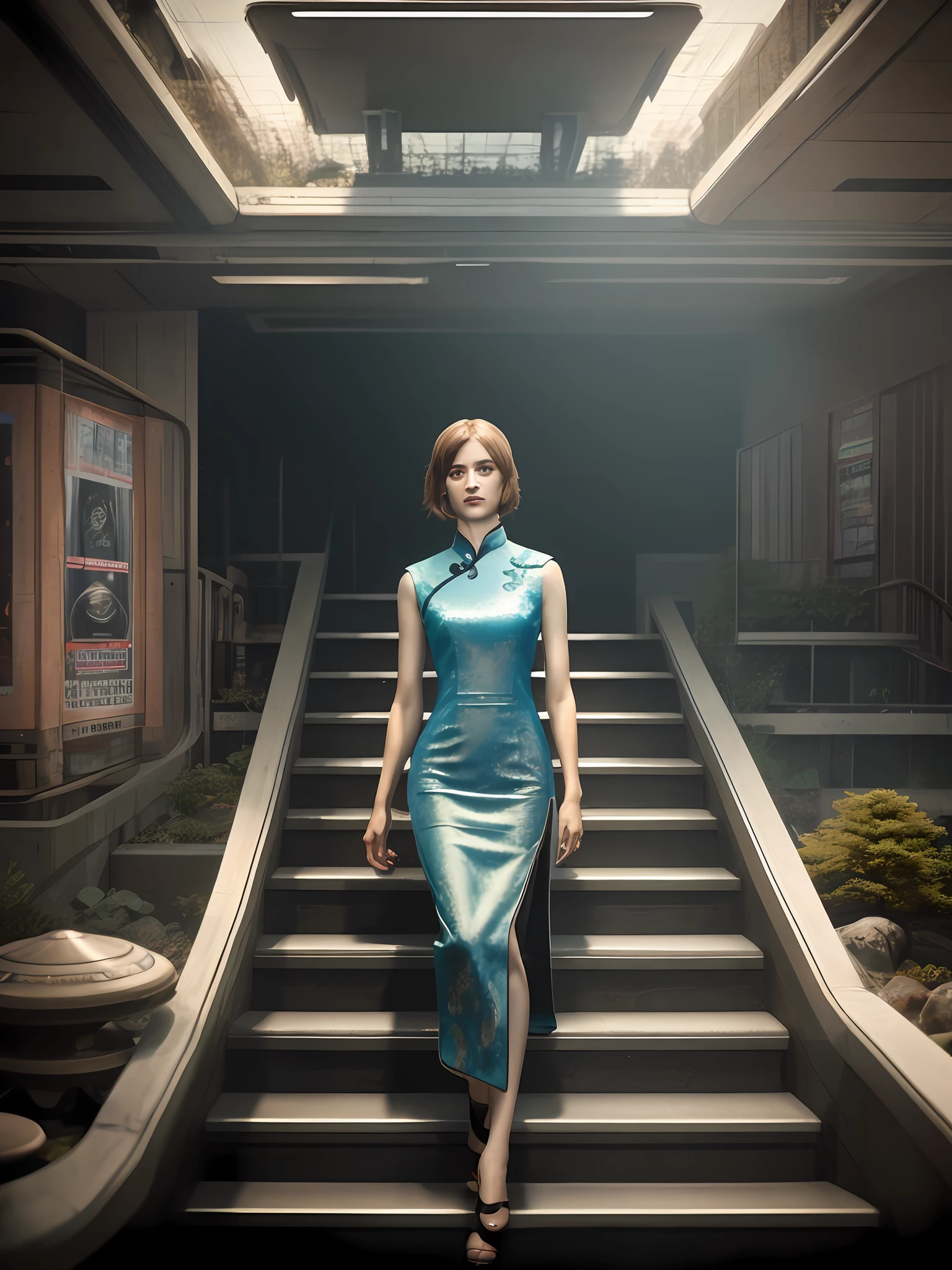 Mackenzie Davis from Blade Runner 2049, sits on a chair, (high-tech interior style and futurism), (poster:1.2), poster on wall, movie poster, (portrait), ((chinise qipao dress)), ((digital artifacts)), 
( japanese rock garden and pond, bonsai), (movie poster),
((ultradetaled skin texture)), intricately detailed, fine details, hyperdetailed, raytracing, subsurface scattering, diffused soft lighting, shallow depth of field, by Oliver Wetter
rending on CGSociety, Intricate, High Detail, Sharp focus, dramatic, photorealistic painting art by ((greg rutkowski))