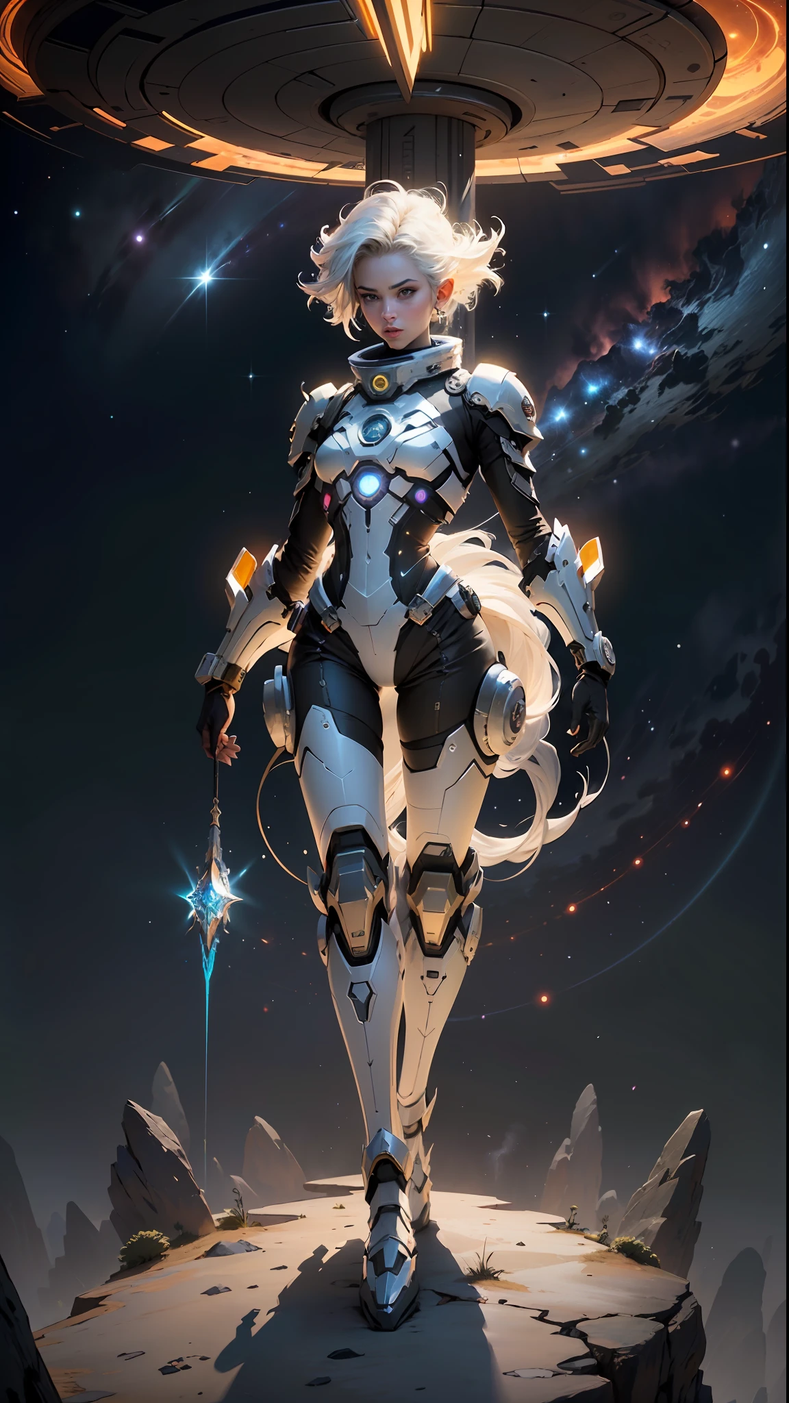 ((Best quality)), ((masterpiece)), (highly detailed:1.3), 3D, In a distant future where the boundaries between science fiction and fantasy have dissolved, the world is a tapestry of awe-inspiring wonders. Enter a universe where magic and technology coexist in harmony, shaping the destiny of civilizations across vast reaches of space.At the heart of this realm lies the Celestial Nexus, an intergalactic hub of mystical energies and technological marvels. Here, arcane knowledge intertwines with cutting-edge science, giving rise to a society where spaceships are imbued with the power of ancient spells, and technology is augmented by the mystic arts.Embark on a grand odyssey as a young explorer, destined to unravel the secrets of the Celestial Nexus. As you traverse the uncharted realms of the cosmos, encounter diverse civilizations teeming with beings who possess extraordinary abilities. From the ethereal Elven Spires, where the art of interdimensional travel is perfected, to the cybernetic enclaves of the Android Conglomerate, witness the tapestry of life as magic and technology intertwine.Unleash your latent powers as you become attuned to the energies that flow through the Nexus. Harness the ancient incantations of forgotten sorceries to propel your starship across the vast expanse of the cosmos. Engage in epic battles against cosmic abominations and interstellar tyrants, wielding enchanted weapons infused with futuristic enhancements.As you delve deeper into the enigmatic realms of the Celestial Nexus, uncover the origin of this harmonious fusion of magic and technology. Discover the ancient prophecies that foretell a cataclysmic event threatening to tear apart this delicate balance. Unite with a band of extraordinary beings, each possessing their own blend of magical aptitude and technological expertise, to embark on a perilous quest to save the Nexus from imminent destruction.In this epic saga, your choices will shape the fate of worlds, as the boundaries between