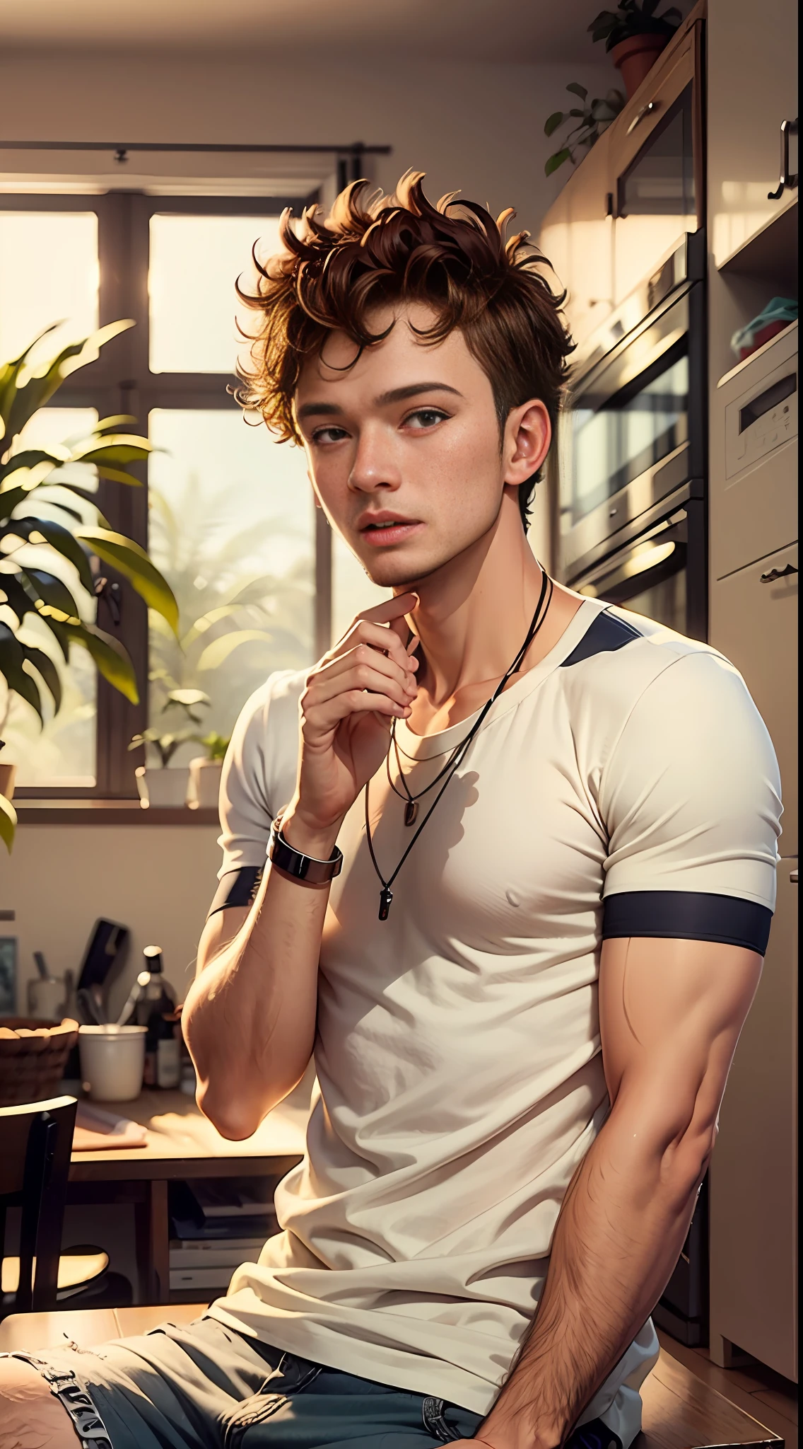 19 year old Australian guy, short curly hair, hair like Justin Timberlake from 2010, brown hair, light tan, light skin color, clean shaven, at home talking with his mom