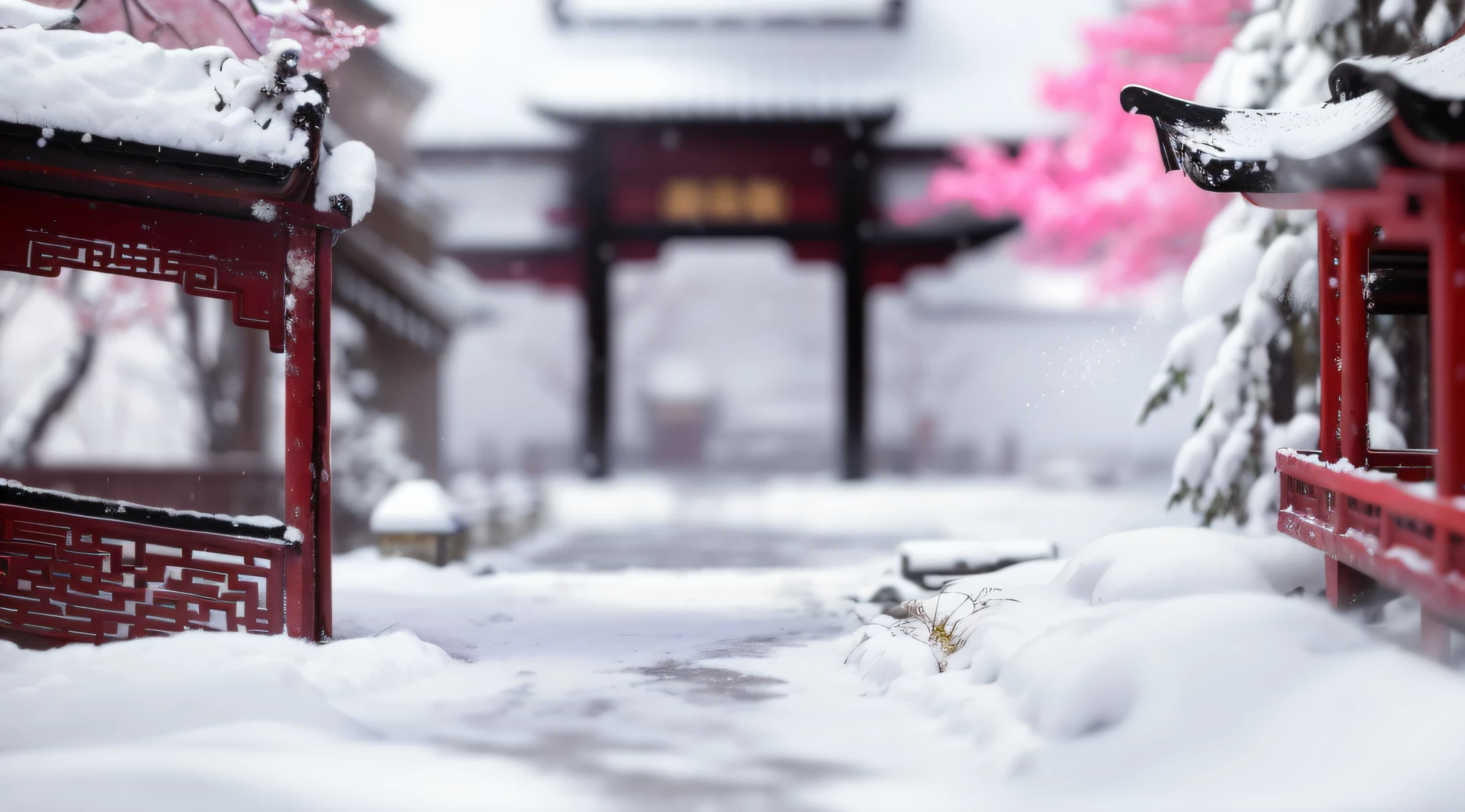 Red Chinese style building,Plum Blossoms, covered with snow, snowy environment, Winter in the snow, beautiful wallpaper, Snow, Snowy winter, Chinese style, outside in snow snowing, nevando, snow scene, high detaild, high detaild, snowy background, high detail photograph, a close up shot, detailed scenic view