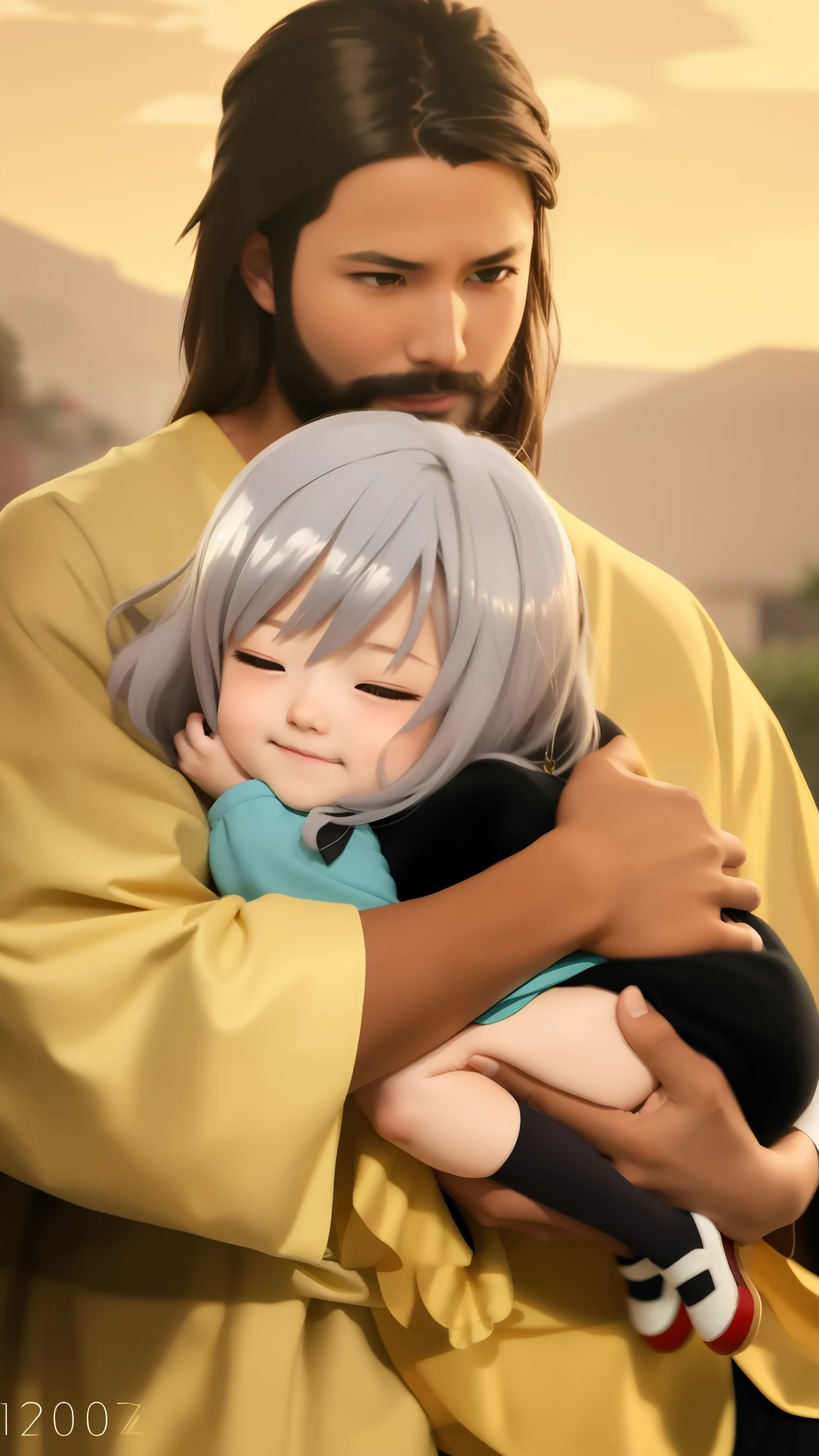 Jesus Christ holding an anime child, fubuki, sasoura, senko-san, jesus hugging a woman, a-1 pictures, ueshiba riichi, makoto sinkai, rimuru and milim, made with anime painter studio, hugging, tsuaii, konosuba, shikamimi