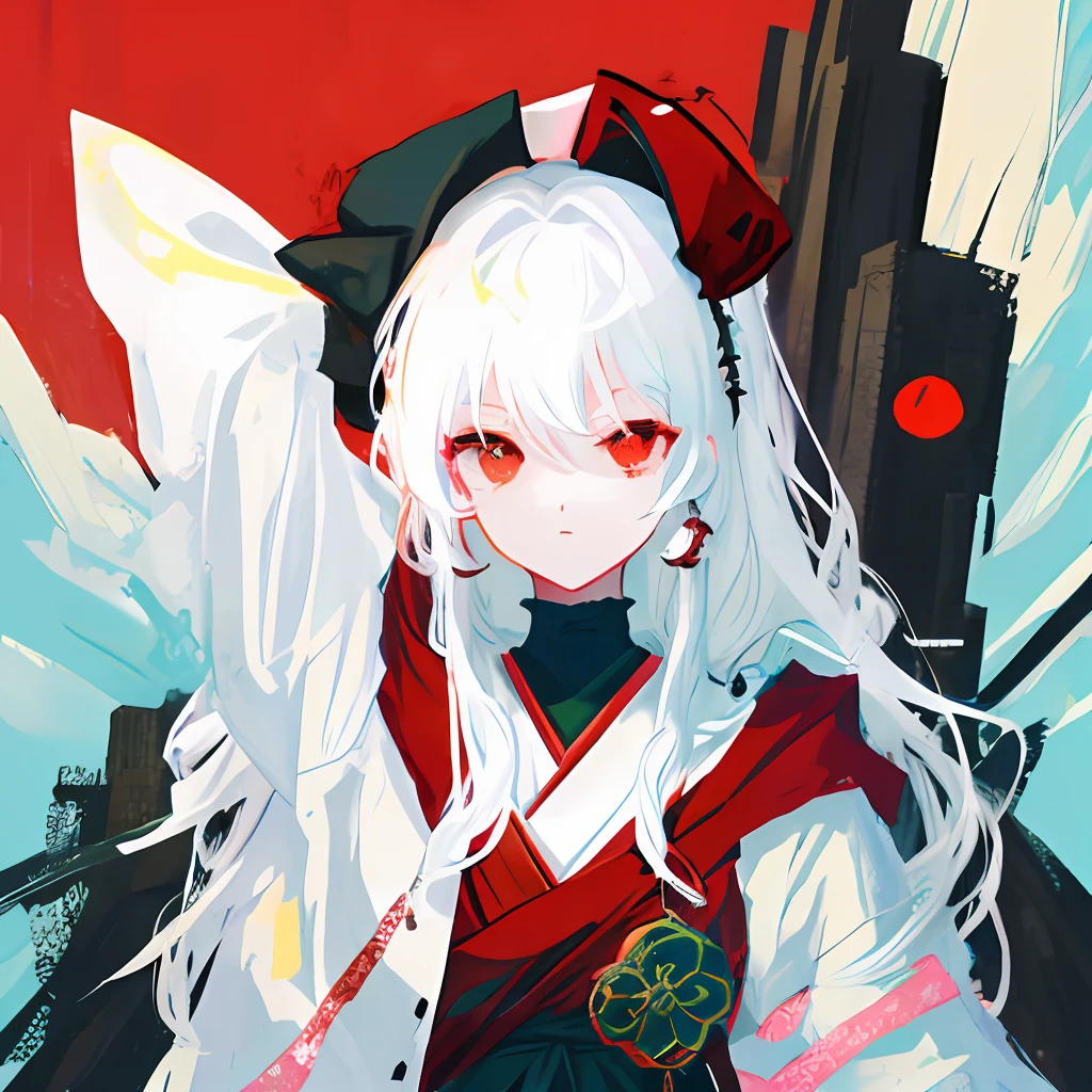 Draw a girl with white hair and red eyes in the style of Japanese manga