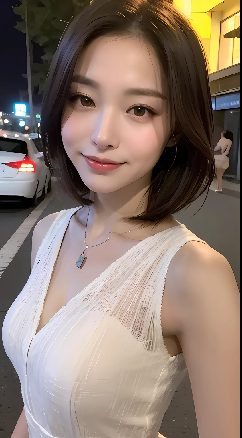((best qualiy、The Masterpiece:1.3))、sharpening Focus:1.2、(Realstic、photorealestic:1.37)、Perfect beautiful woman、Highly detailed facial and skin texture、Detailed eye、Double eyelidd、Small smile、Very Shorthair、Smaller bust、Small necklace、Light-colored cotton summer dress、Street at night、traffic jam、