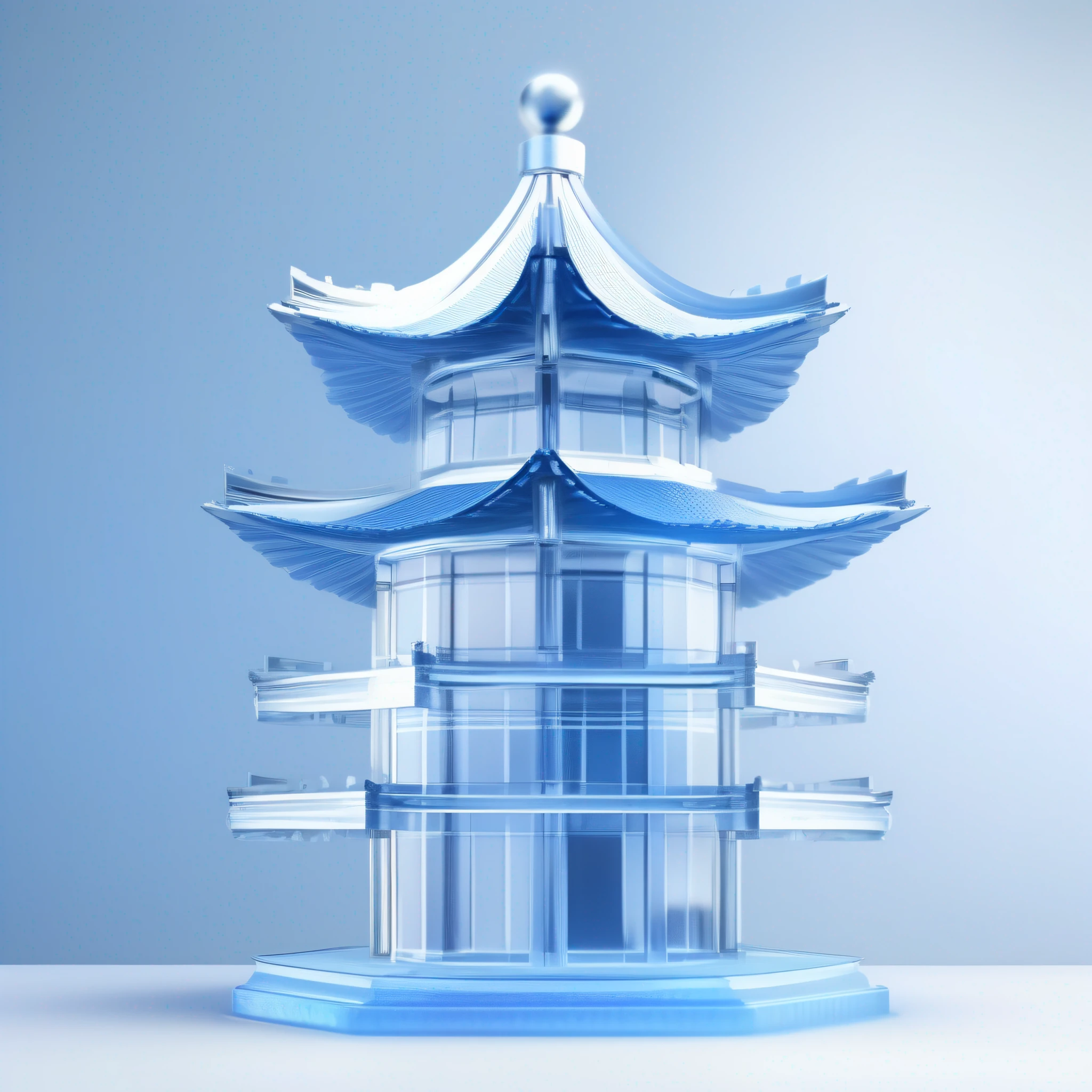 Tech style, Ultra HDR, Chinese bell tower icon with frosted glass transparent texture, blue, white background，C4D rendering，