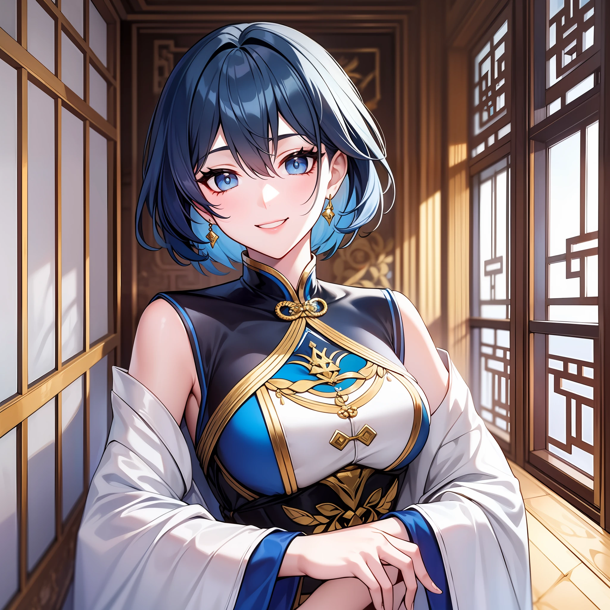 Adult woman, short unruly bright blue hair, pale blue eyes, rich Chinese white open clothes with gold jewelry, playful calm smile