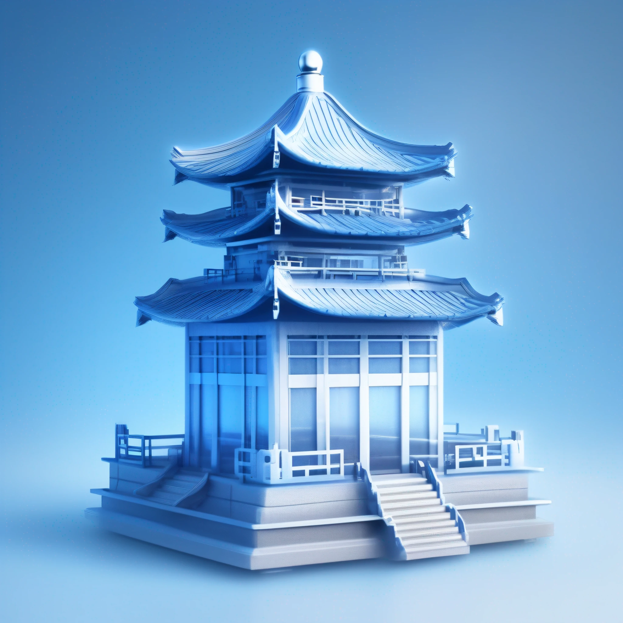 Tech style, Ultra HDR, Chinese bell tower icon with frosted glass transparent texture, blue, white background,C4D rendering,