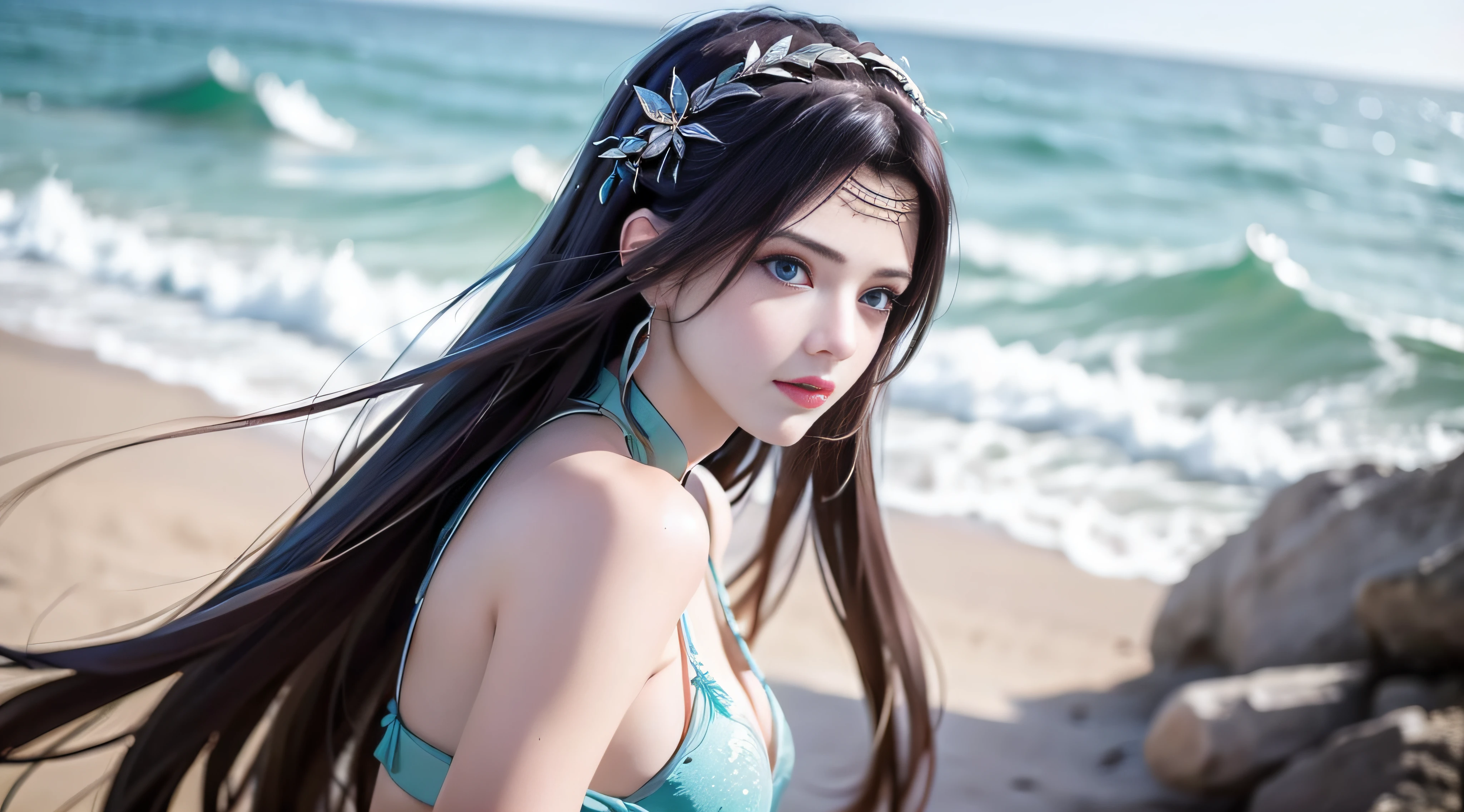 best qulity，The Masterpiece，anextremely delicate and beautiful，greatly detailed，CG，unified，8k壁紙，beautiful detailedgirl，（very detailled face），beautiful detail eye， 1girls，独奏，blur backgroun，half-body，at the sea，in a bikini