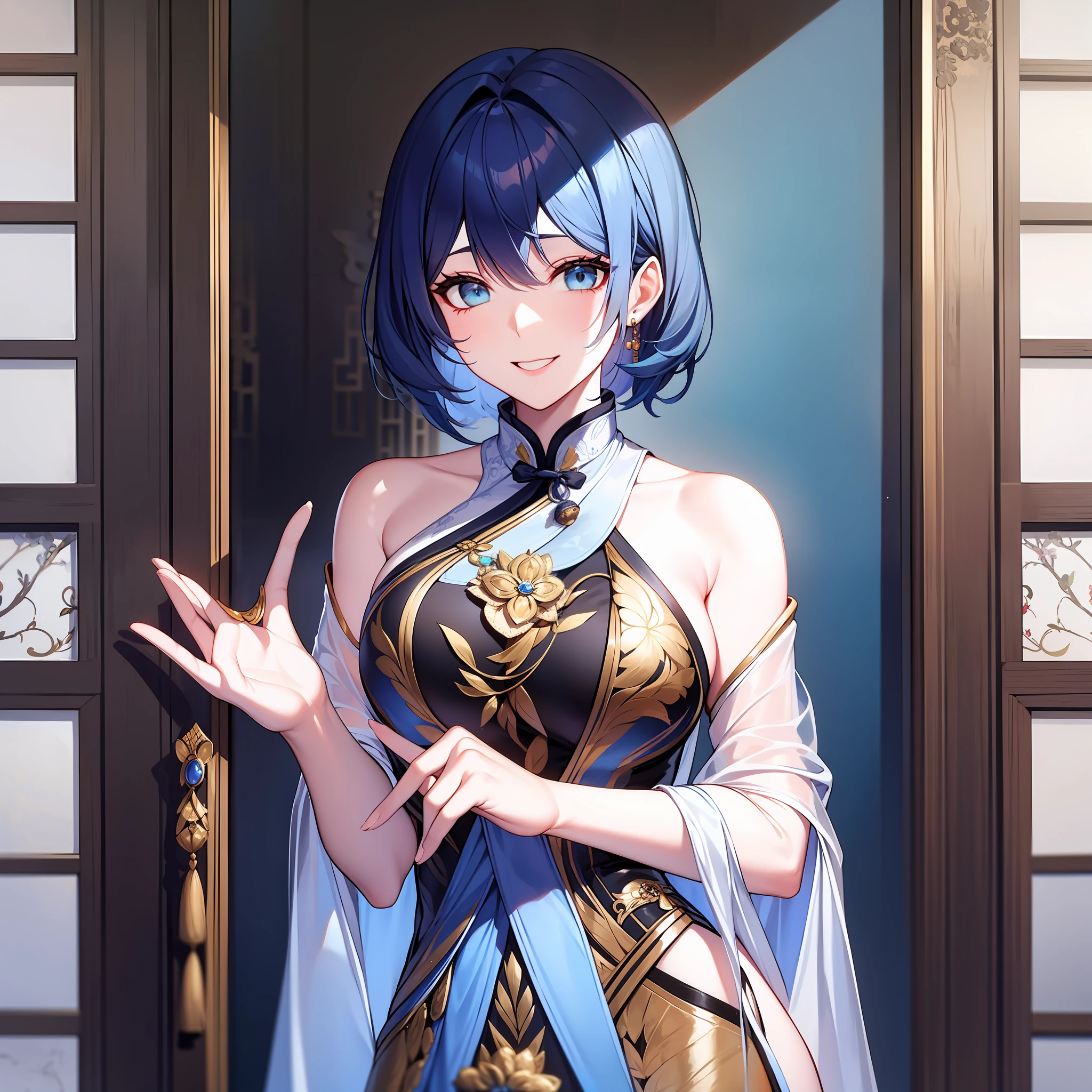 Adult woman, short unruly bright blue hair, pale blue eyes, rich Chinese white open clothes with gold jewelry, playful calm smile