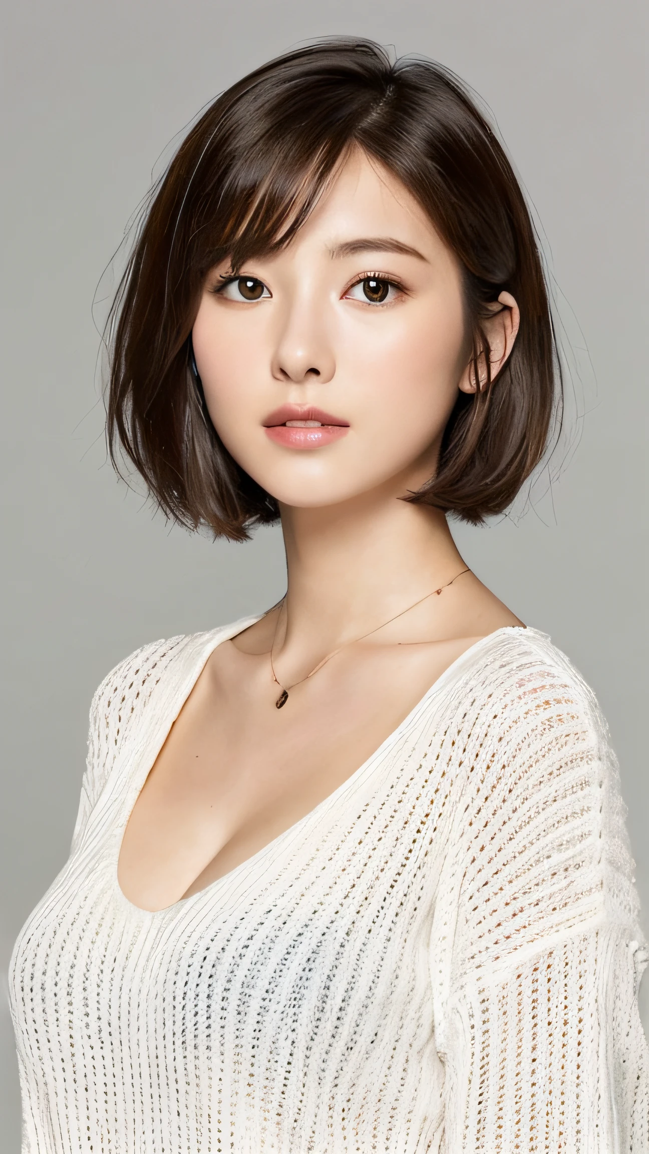(best qualiy、8k、32k、A masterpie、UHD:1.2)、Cute Japan Woman Pictures、a large breast、Very short bob hair、upperl body、Facial focus、oversized_sweater、neckless、simple back ground、from above view、looking at the viewers、A sexy
