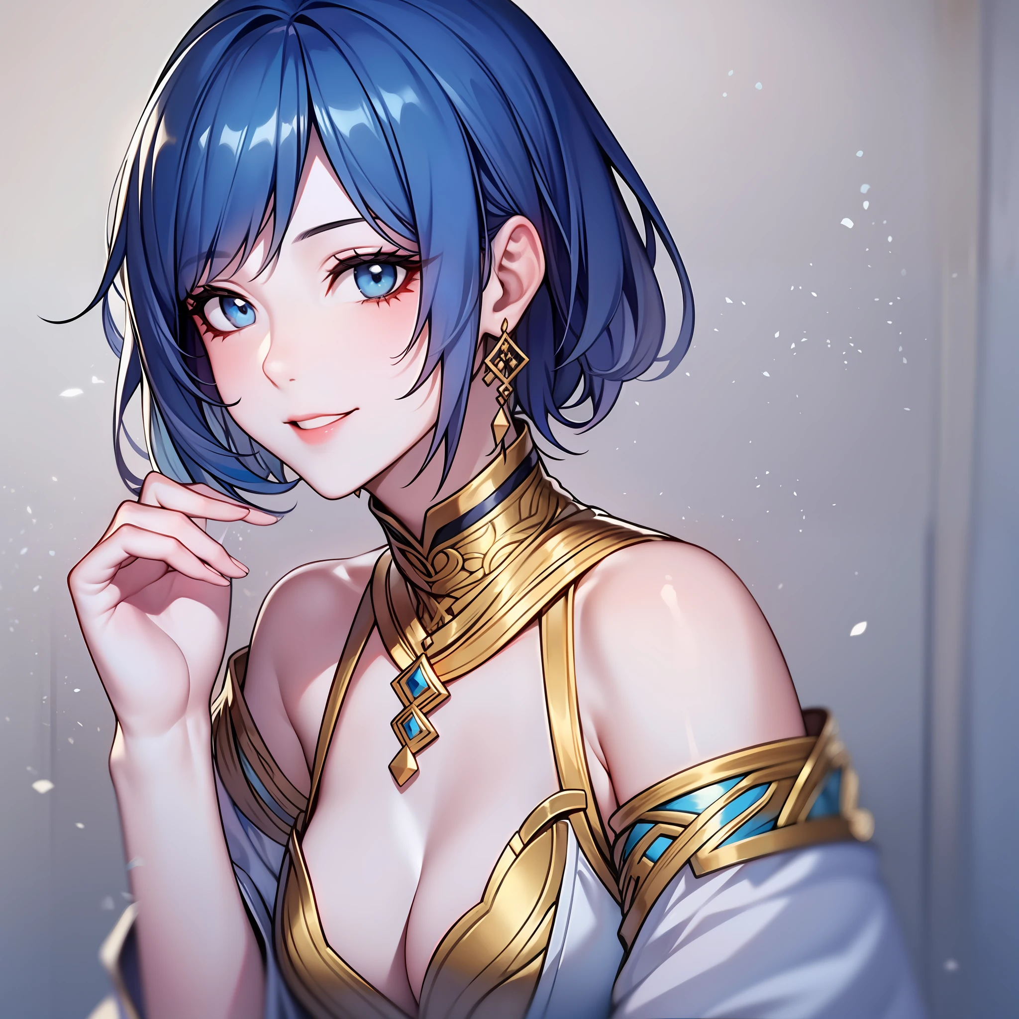 Adult woman, short unruly bright blue hair, pale blue eyes, rich Chinese white ???????????? with gold jewelry, playful calm smile