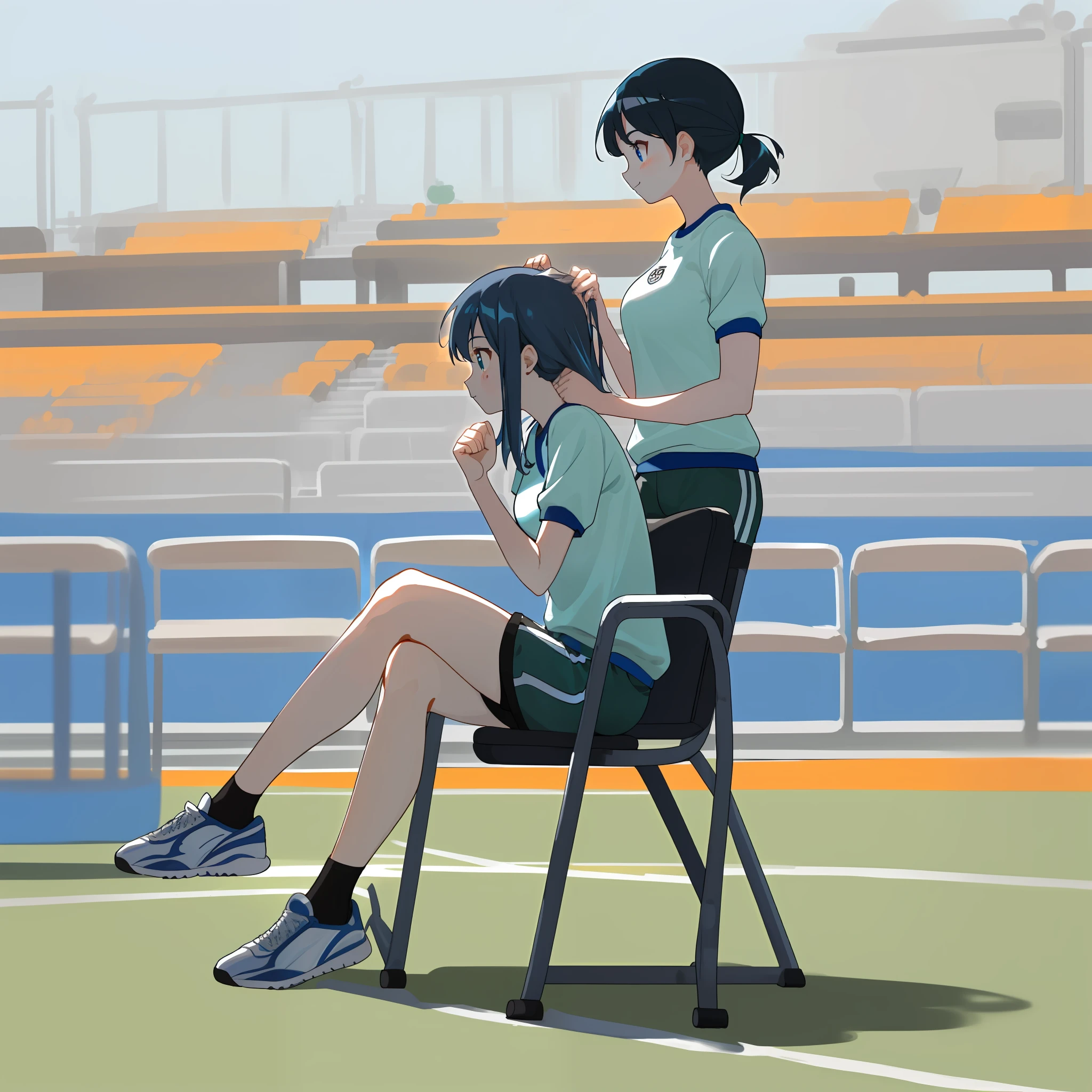 ((best qualiy、8K、A masterpie:1.3))、1girls、full full body、Short、Tie your hair back、White gym clothes、Dark blue shorts、Thigh thickness、Slightly larger breasts、Cheering seats、Suny、sitting in chair、profile、sweats、Sports Festival、blackhair、Full body up、a Pretty