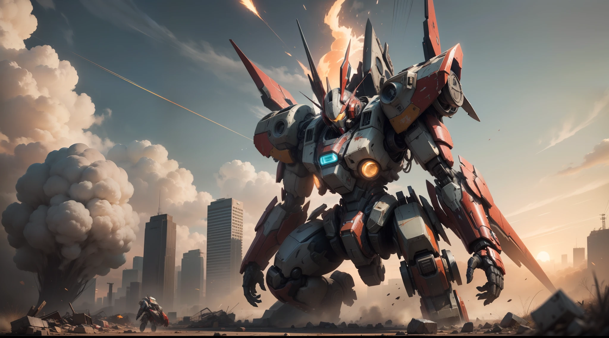 Look up at the perspective,(Digital artwork:1.3)(a sketch:1.1)Octane renders a wasteland,Swirling thick clouds,smog,Flying machines in the sky fierce battle,weed,Dilapidated houses,macadam,Sunset,in crimson red,((A girl in a combat uniform stood in front of the badly damaged and broken mech)),((The girl's long messy hair fluttered,Blood,Close-up of the)),(Stubborn),(Steadfast),(There is blood at the corner of the mouth),(Messy long hair flying),(((The mech was spattered with blood))),(Mars splashes),((Broken upper body mech,Dropped mech fragments)),(Exposed wires),((Mecha is depicted finely)),(((ultra fine))),Shoot at 8K resolution,Gasoline liquid,firelight,Missiles streaked across the sky,weeds,macadam,exploding,splash arts,((Dynamic speed lines:1.2)),Lithography in intricate details,dongh(Light particles:1.2),(game concept:1.3),(deep of field:1.3),Global illumination,well detailed,Trends on ArtStation,Epic shooting,Cinematic lighting