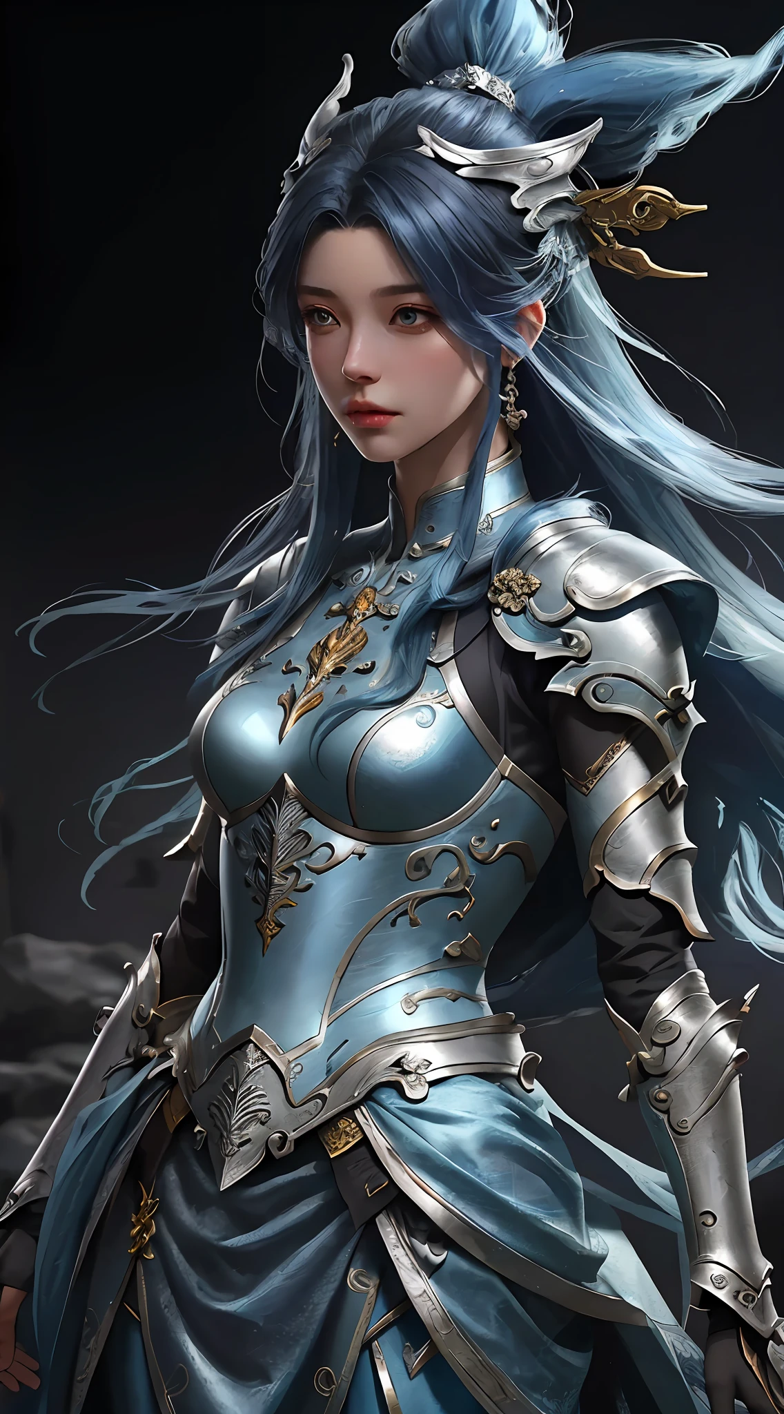a close up of a woman in a silver and blue dress, chengwei pan on artstation, by Yang J, detailed fantasy art, stunning character art, fanart best artstation, epic exquisite character art, beautiful armor, extremely detailed artgerm, detailed digital anime art, artgerm on artstation pixiv, armor girl