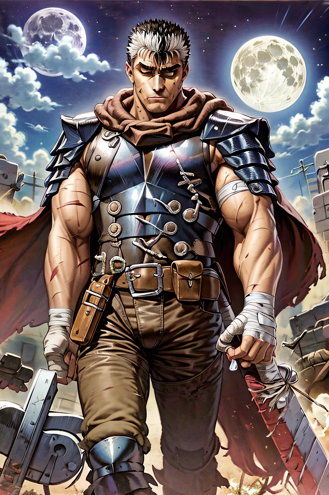 masterpiece, best quality, highly detailed, guts \(berserk\), 1boy, armor, bandages, black hair, cape, full moon, huge weapon, male focus, manly, moon, multicolored hair, one eye closed, scar, solo, sword, weapon, white hair