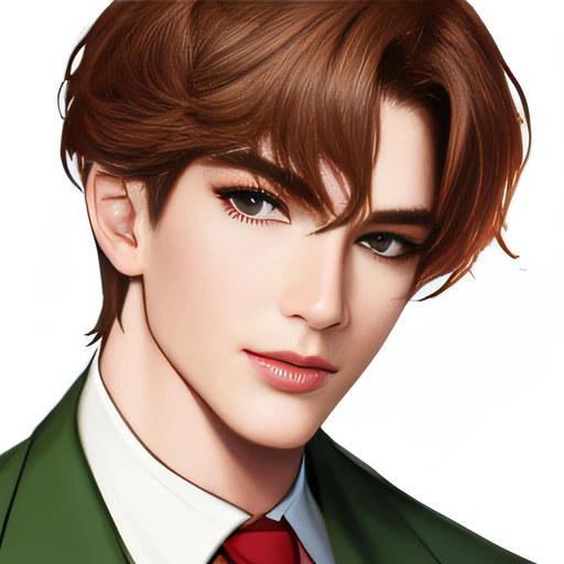(handsome stunning realistic, sakimichan:1.2),(animesexy:1.1),(Men:1.1),red necktie,Green jacket,portrait painting, half-body, Widescreen quality