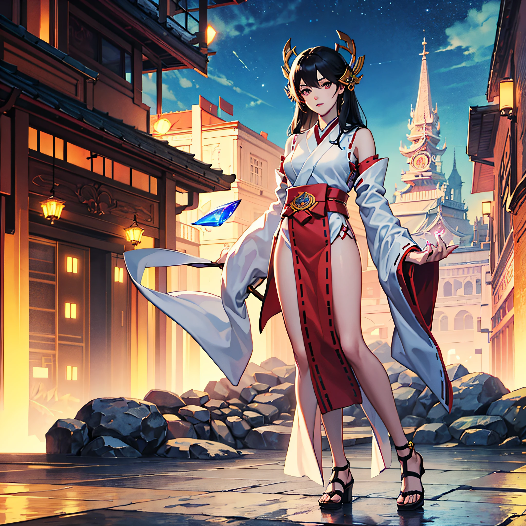Masterpiece, Best Quality, full full body, Girl child, blackhair, Glowing right hand, Holding a crystal in his left hand, Ultra-detailed,((miko)) ,cybernetics,anime --auto