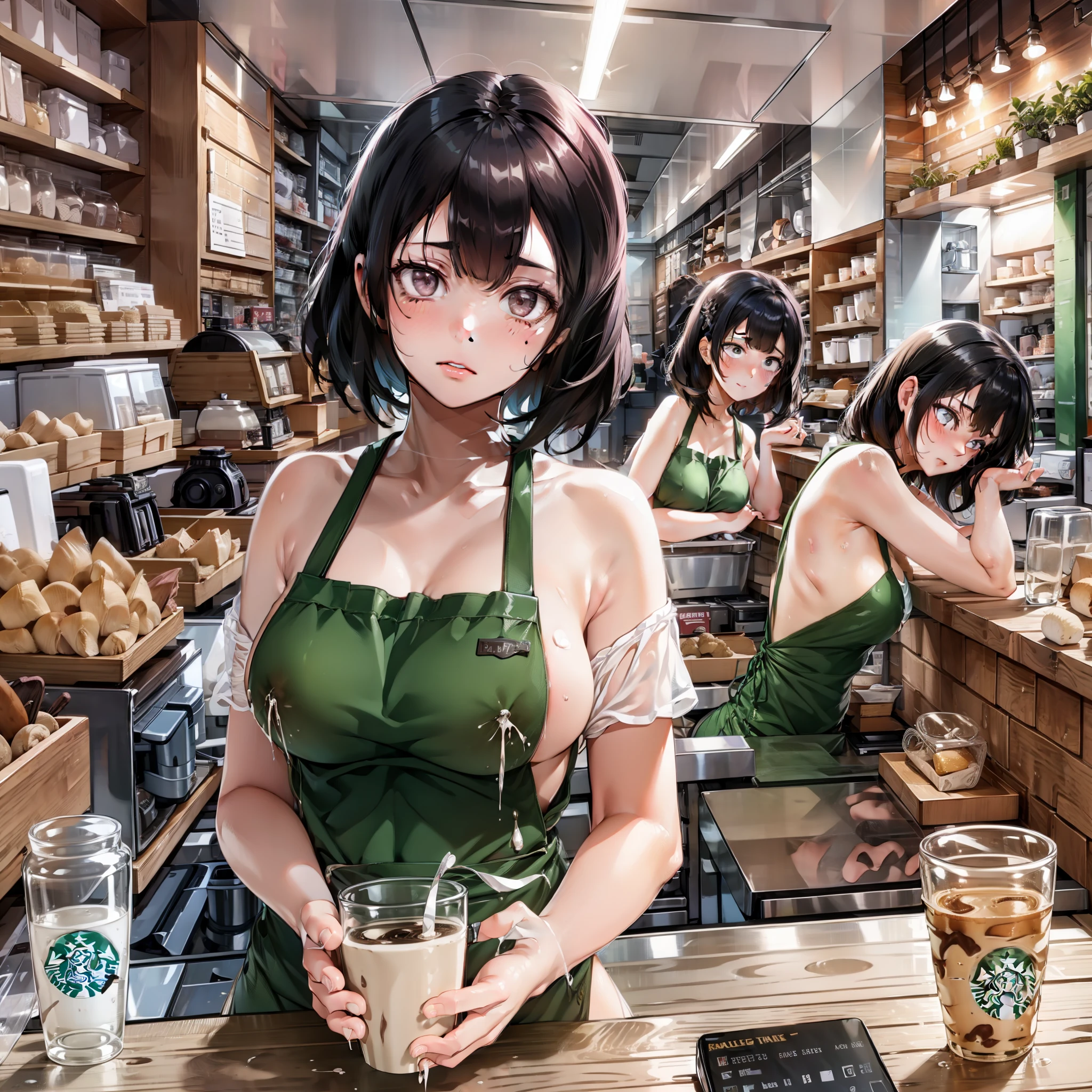 high - resolution、The girls1people、Starbucks Coffee、pinafore、counter、Have a cup、short haired、meme、Naked apron、blushes、Burst breasts、Transverse breasts、breast milk