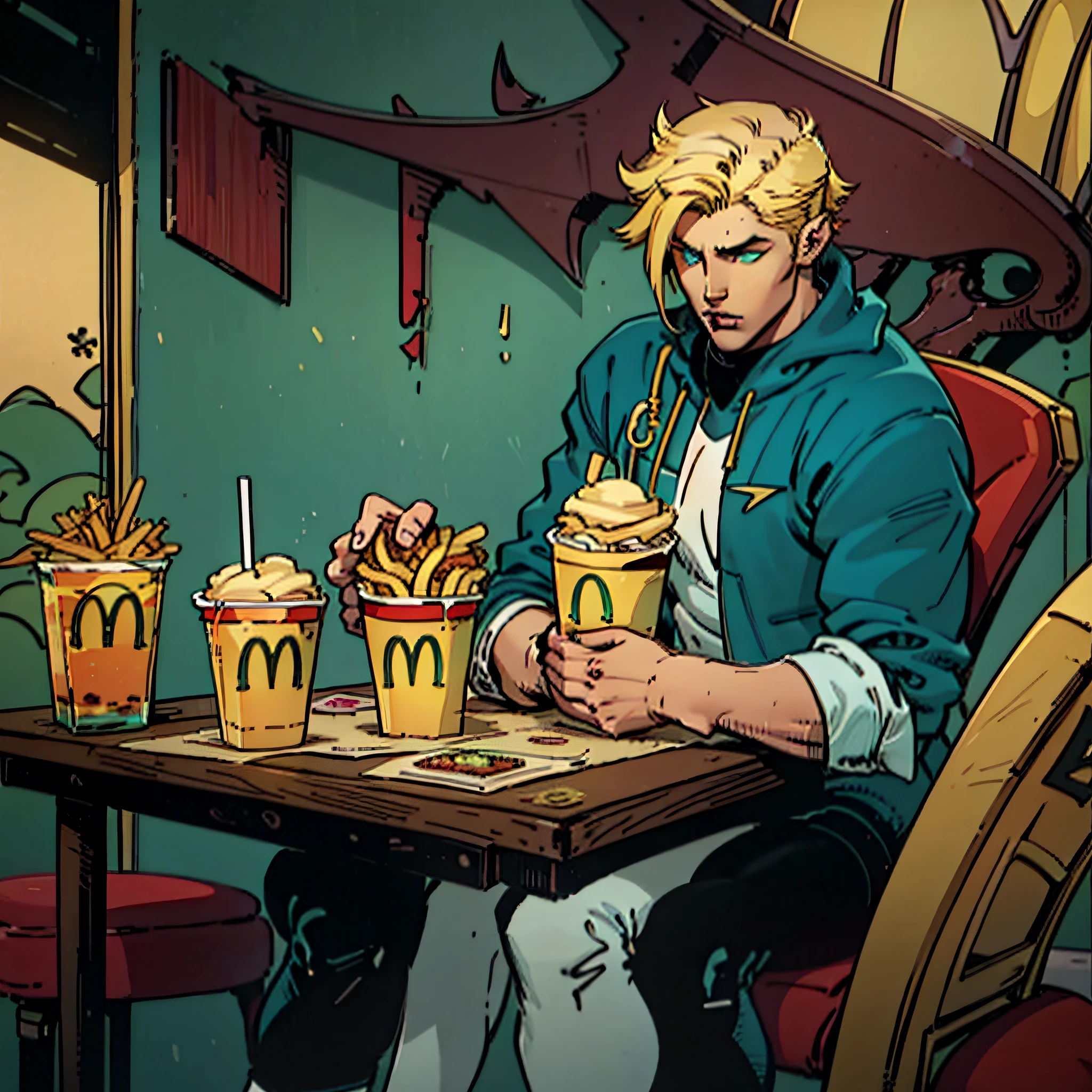 2D artwork of Ezreal, from League of Legends, eating a McDonald's meal. He has his blonde hair with a tuft of teal, along with sharp, piercing eyes. The background is just a simple restaurant, with tables and chairs, where Ezreal is fully focused on his meal. He has a McDonald's cup and french fries in shot. League of Legends art style, Ezreal, McDonald's, 2D. --auto