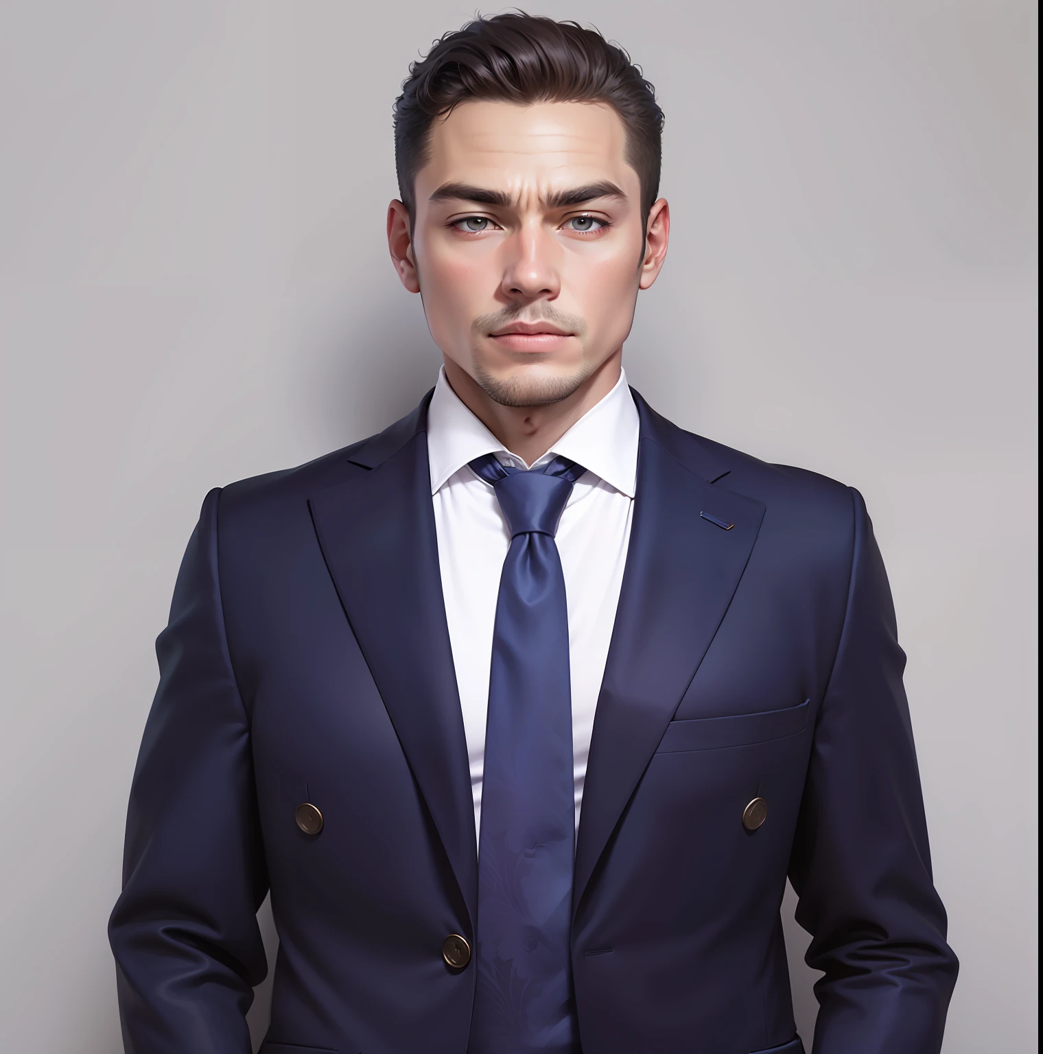 Restoration without changing the appearance of the character,Handsome portrait,wearing suit,best possible quality,The Masterpiece,simple grey background,85mm huge/prette, --auto