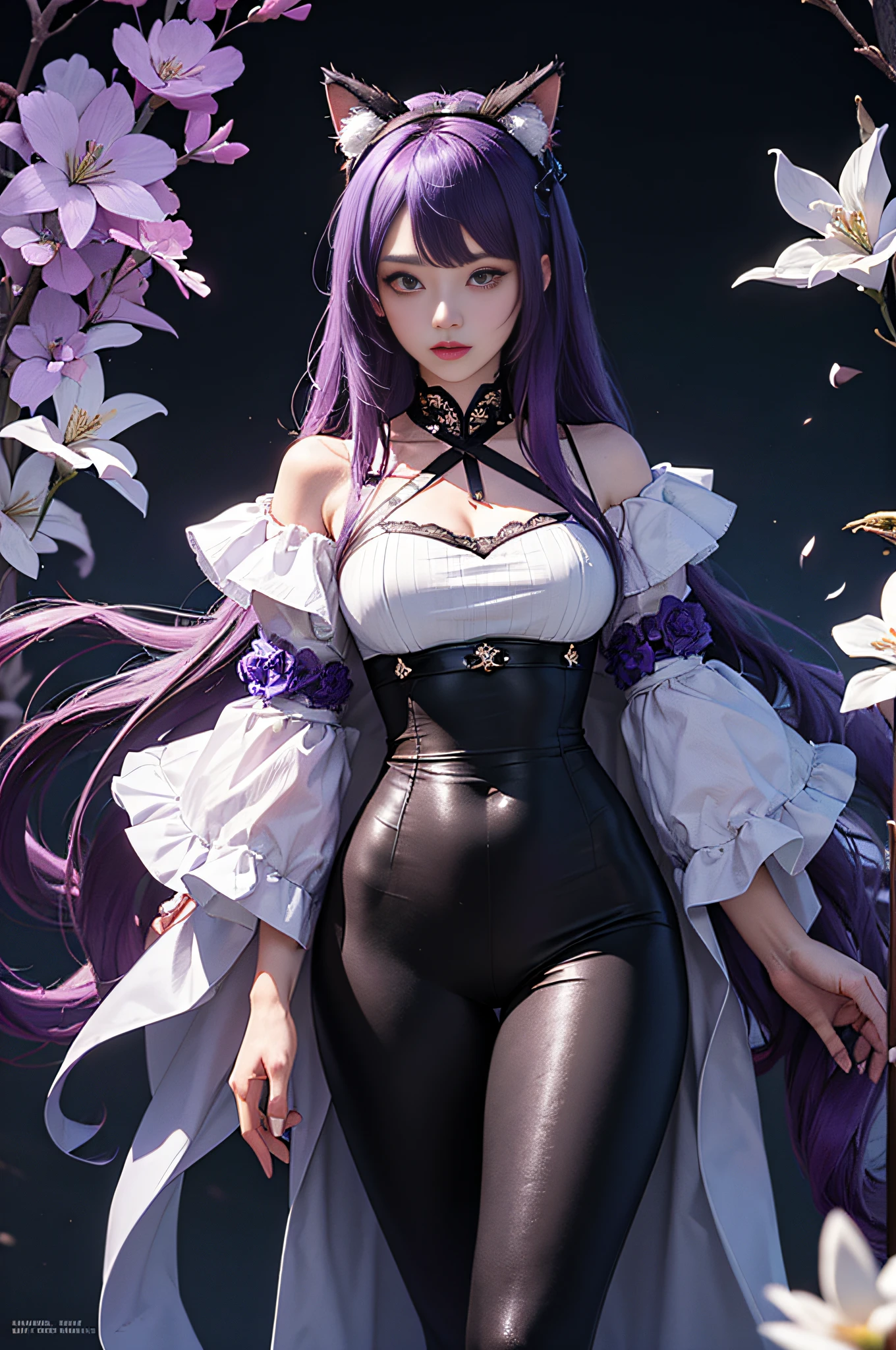 officlal art，Unity 8k wallpaper，Ultra Verbose，aesthetically pleasing，beautiful，The Masterpiece，best qulity， Keharu in Genshin，（Long purple hair，Purple cat ears），black leggins，White-purple Lolita，Purple flowers，Cinematic Lights，abstact，