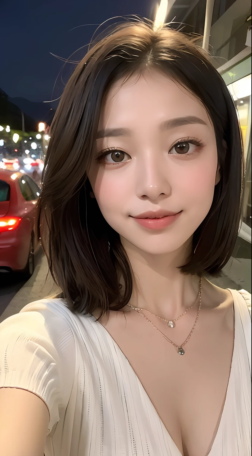 ((best qualiy、The Masterpiece:1.3))、sharpening Focus:1.2、(Realstic、photorealestic:1.37)、Perfect beautiful woman、Highly detailed facial and skin texture、Detailed eyes and double eyelids、Small smile、Shortcut Hair、Smaller bust、Small necklace、Light-colored cotton summer dress、Street at night、traffic jam、