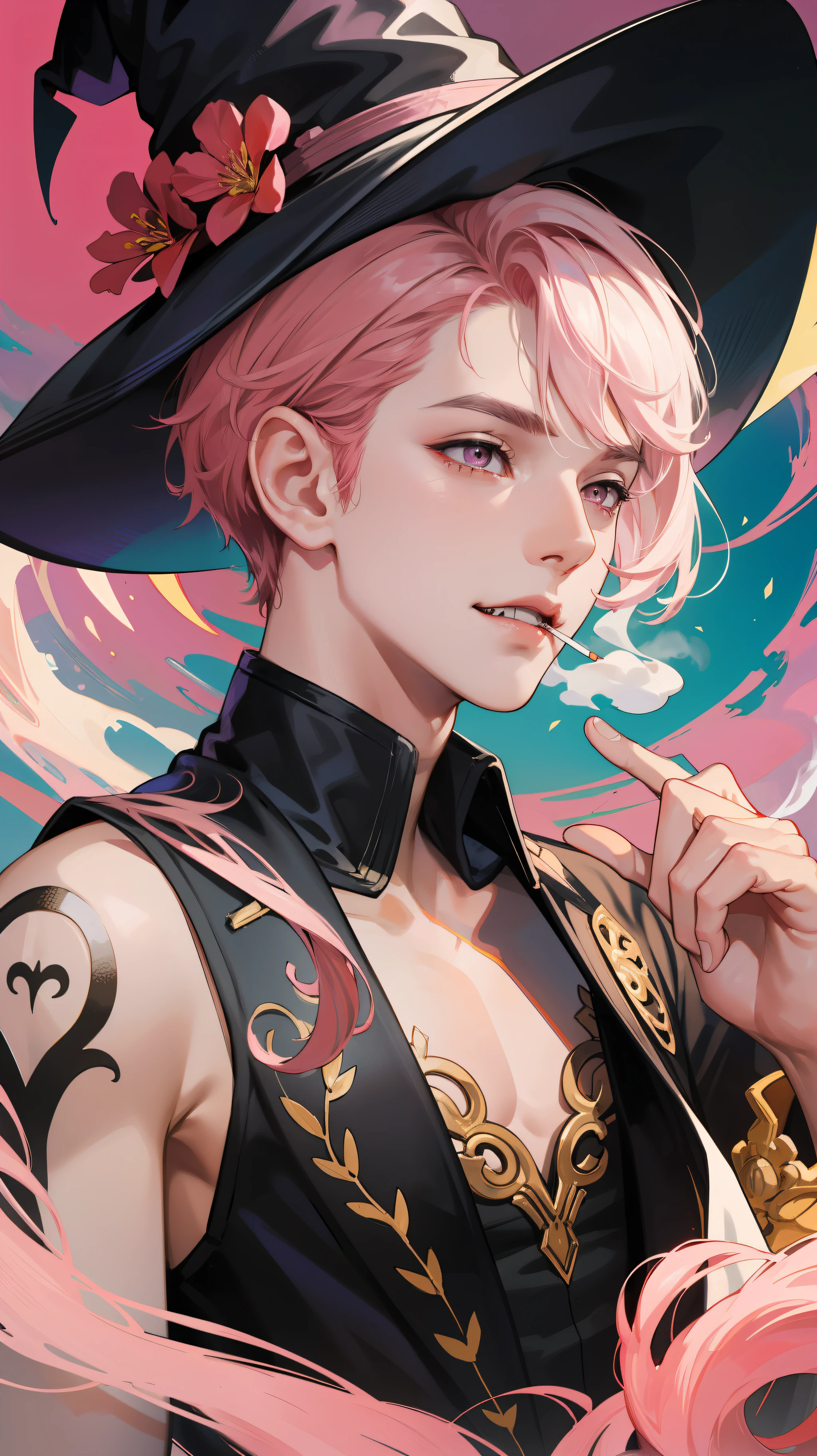 Absurdres, intricate details, masterpiece, best quality, ultra high res, 8k, 1boy, male, bat pattern witch costume, big pointy hat, complex patterns, witch boy, slender, white shiny skin, light smile, big pink eyes, eye reflections, short male pink hair, outdoor, public tattoos, dark neon pink scenery, (sharp fangs:1), RAW photo, solo, conjuring smokes